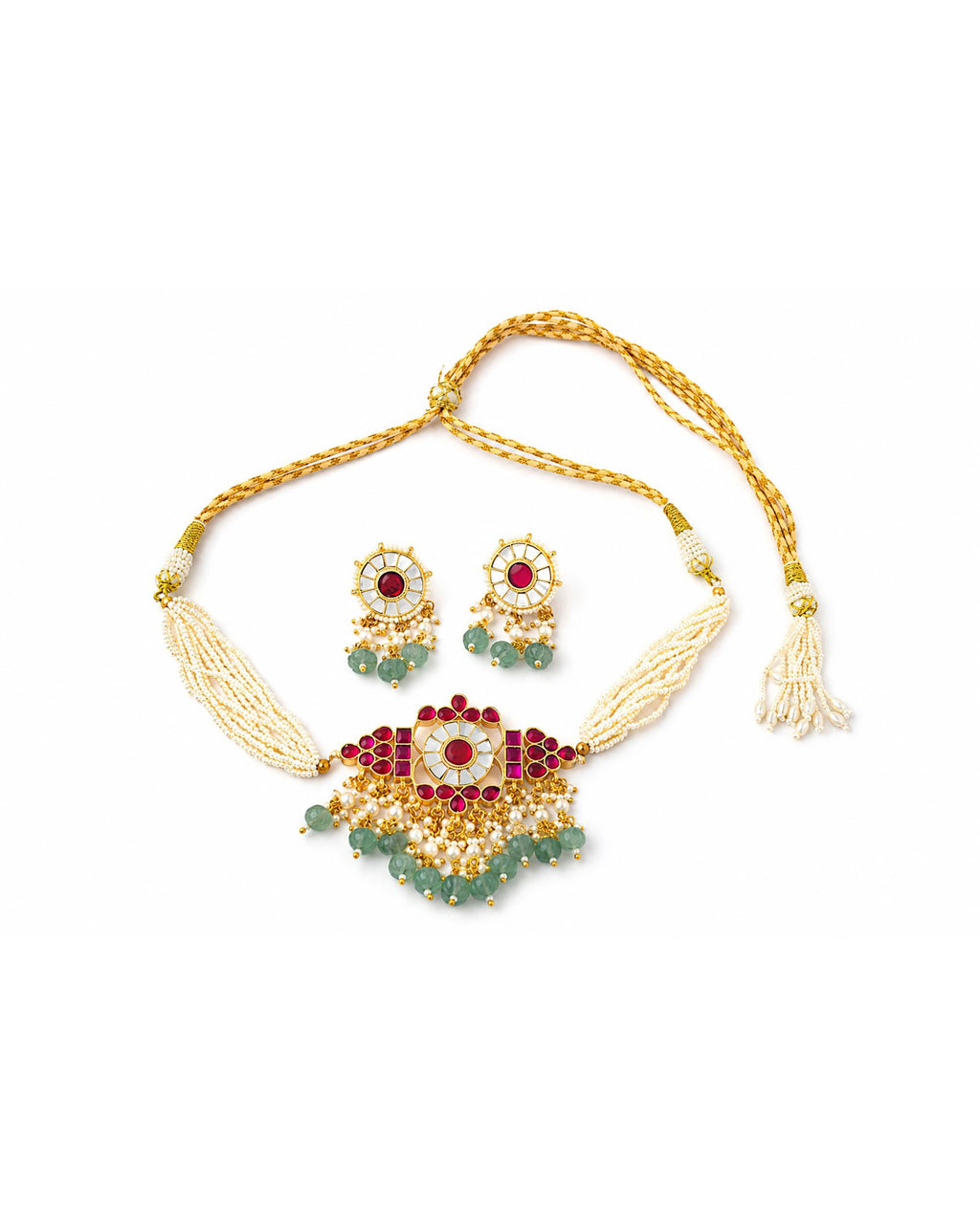 Traditional Kundan & Pearl Necklace Set with Ruby Mint Green Accents Handcrafted Heritage Jewelry