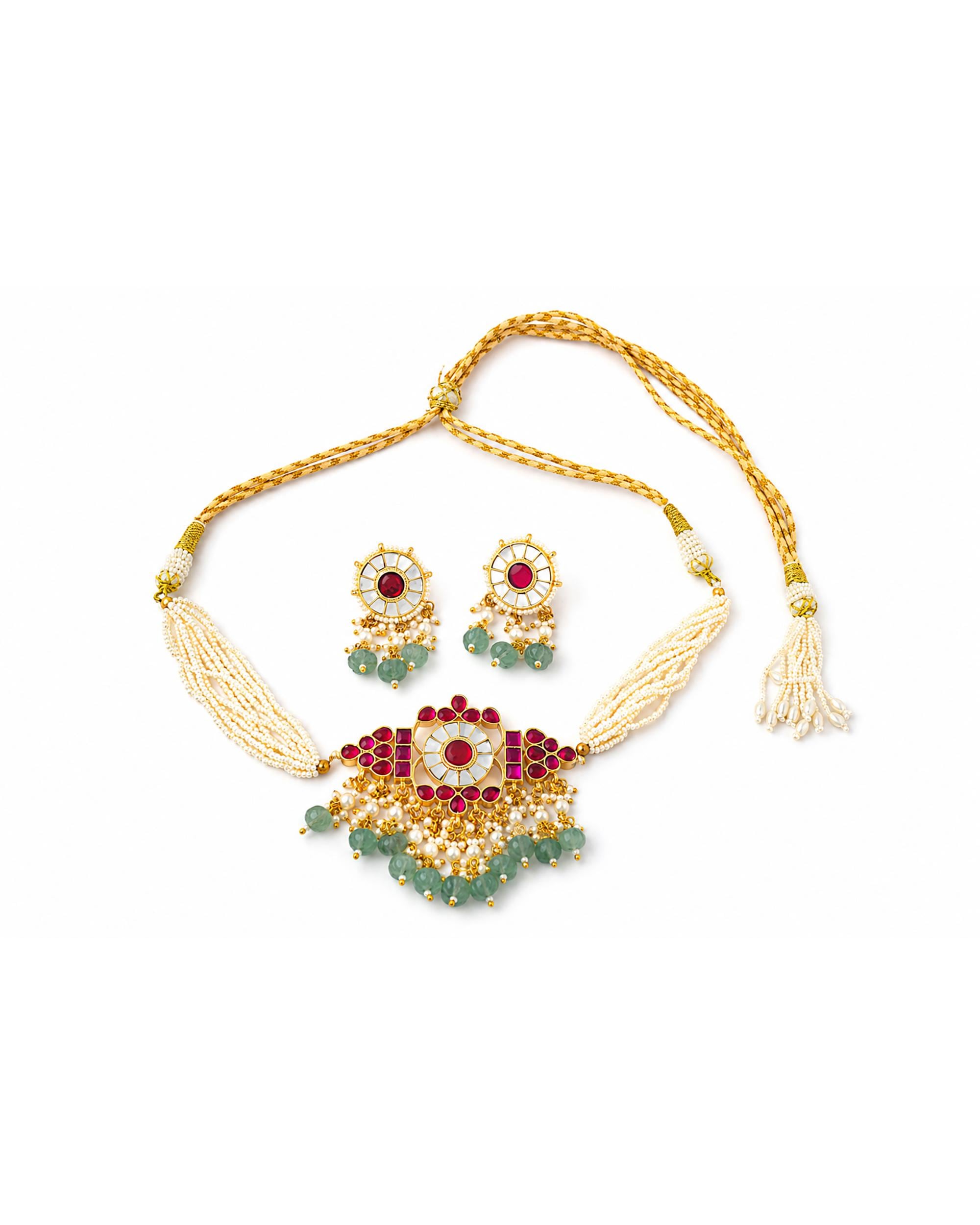 Traditional Kundan & Pearl Necklace Set with Ruby Mint Green Accents Handcrafted Heritage Jewelry