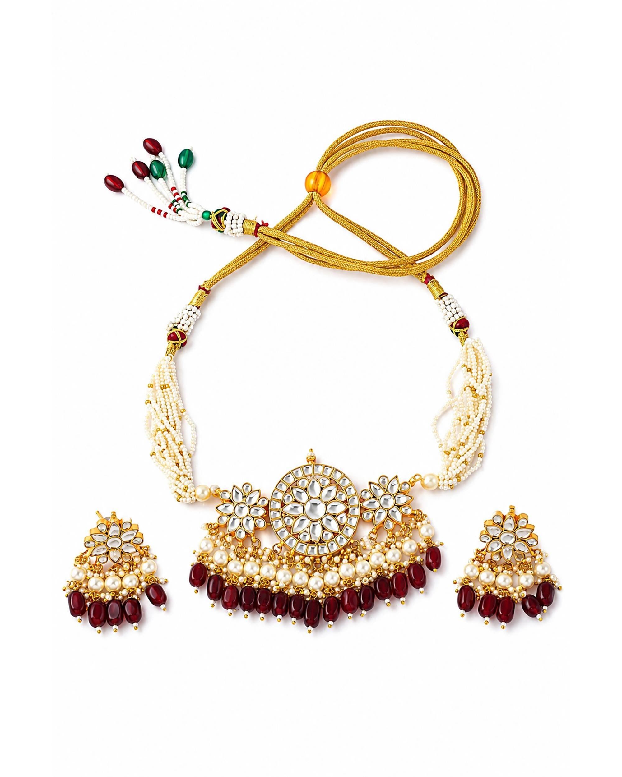 Regal Kundan & Pearl Choker Set - Traditional Indian Necklace with Ruby Accents - Heritage Jewelry