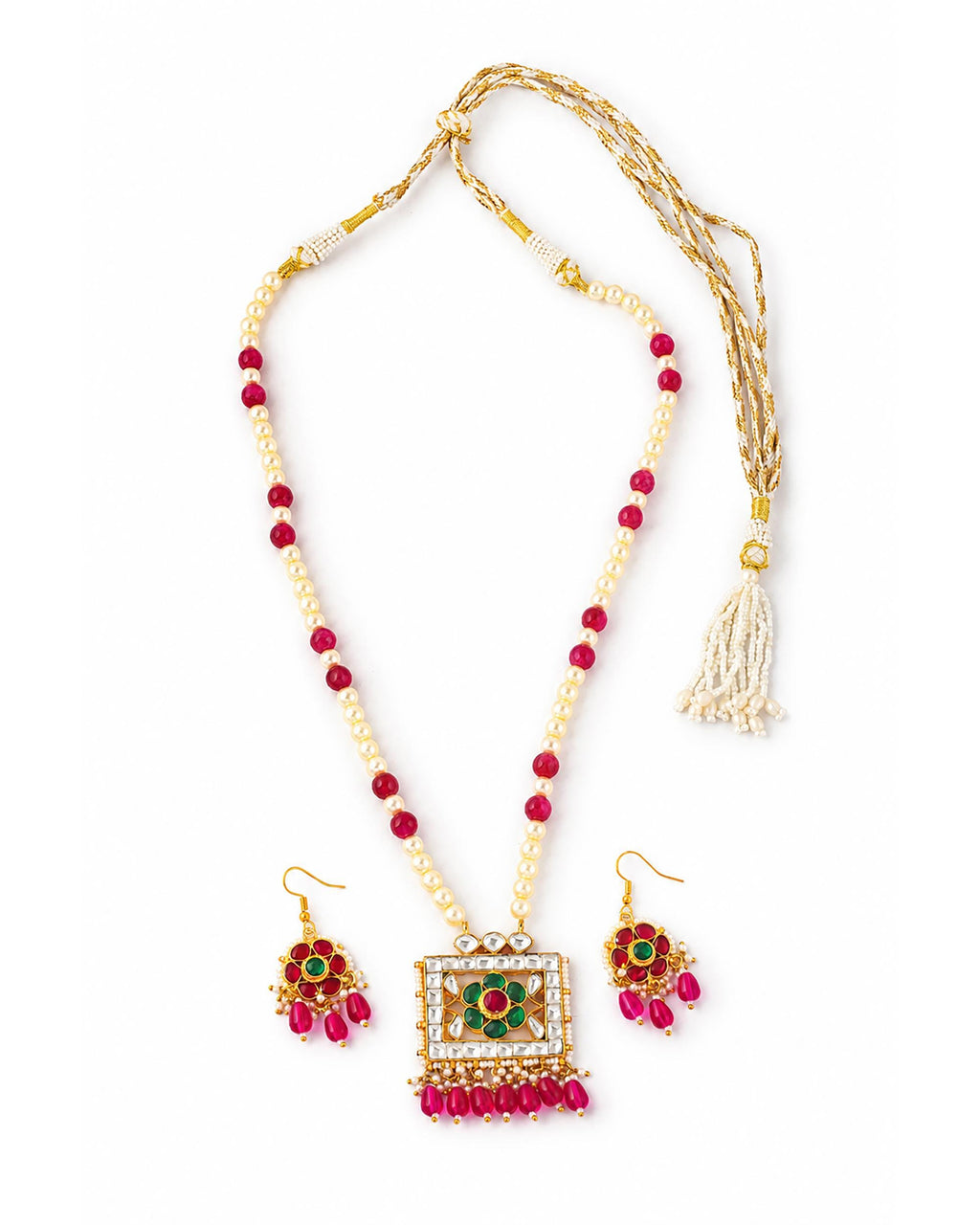Traditional Kundan & Pearl Long Necklace Set with Ruby Emerald Floral Pendant - Heritage Jewelry