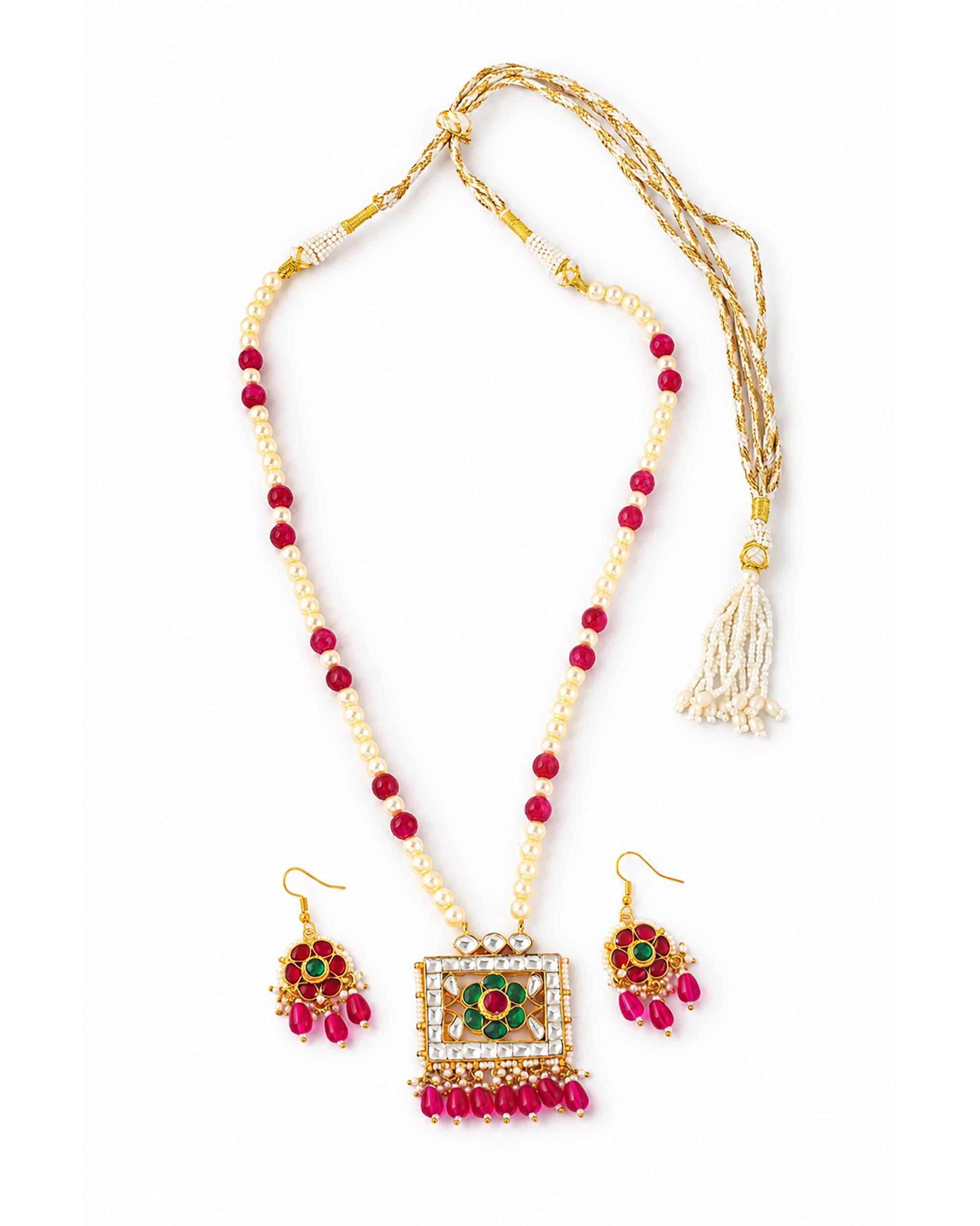 Traditional Kundan & Pearl Long Necklace Set with Ruby Emerald Floral Pendant - Heritage Jewelry