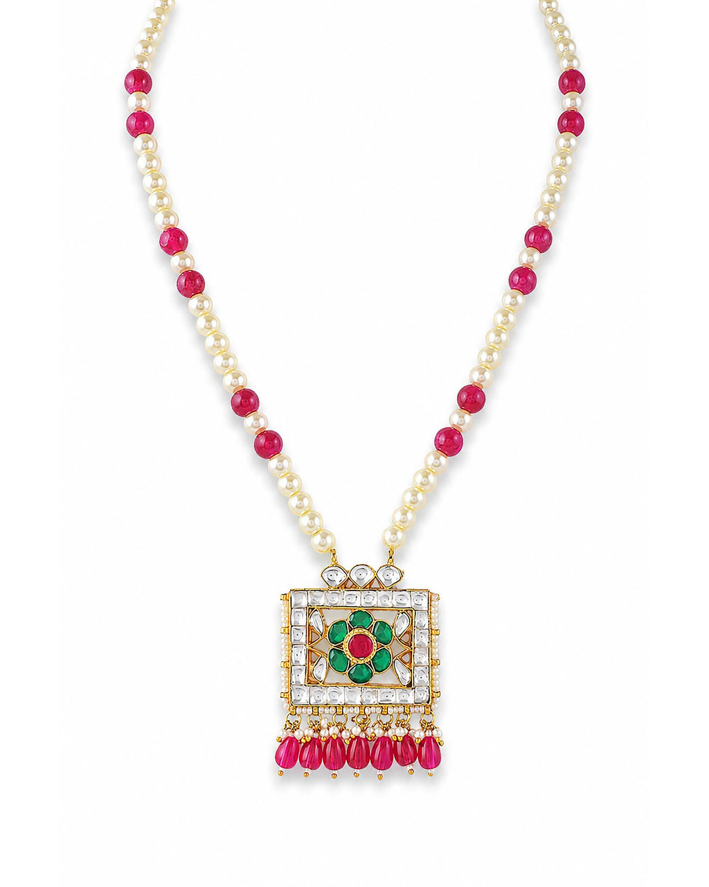 Traditional Kundan & Pearl Long Necklace Set with Ruby Emerald Floral Pendant - Heritage Jewelry