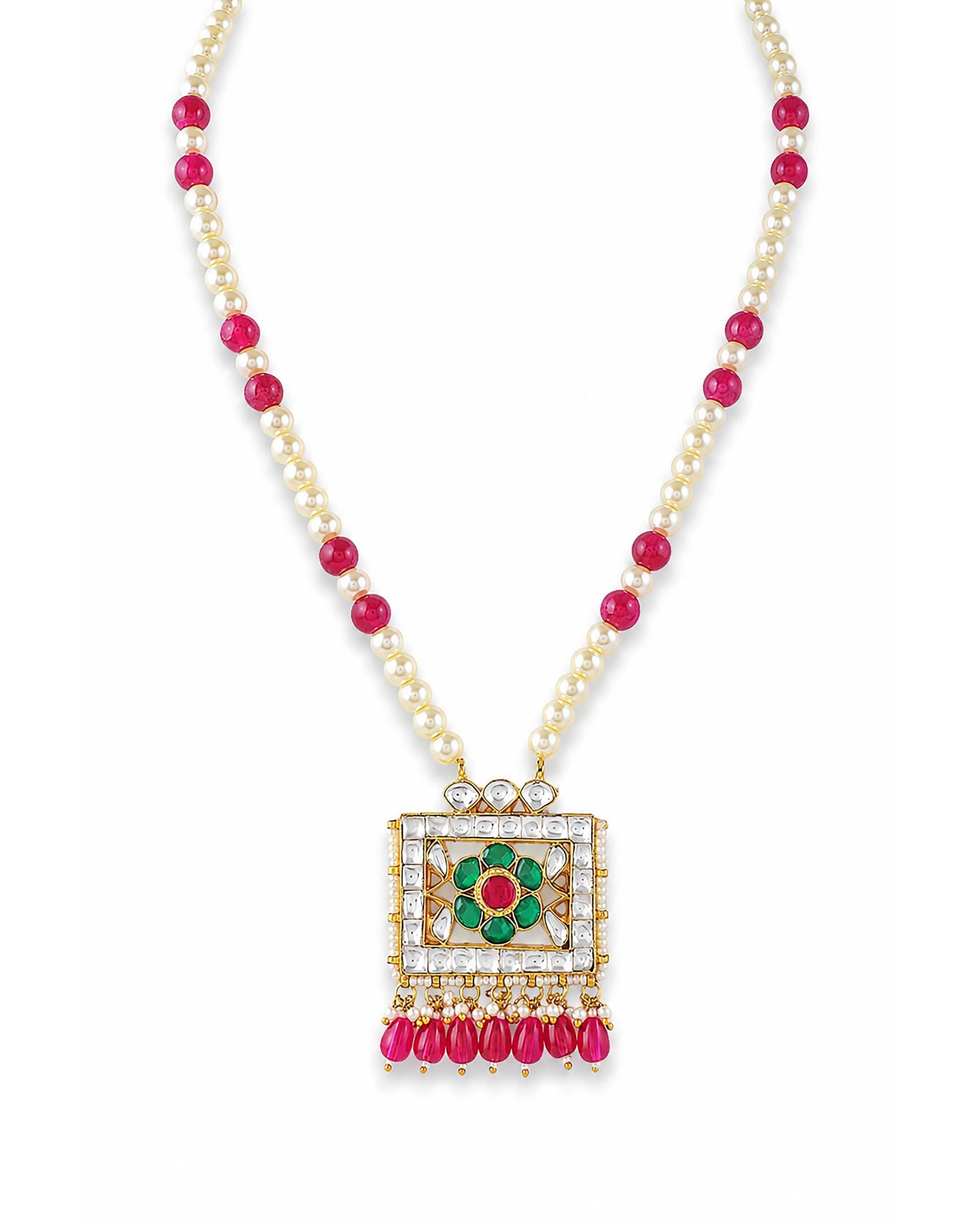 Traditional Kundan & Pearl Long Necklace Set with Ruby Emerald Floral Pendant - Heritage Jewelry