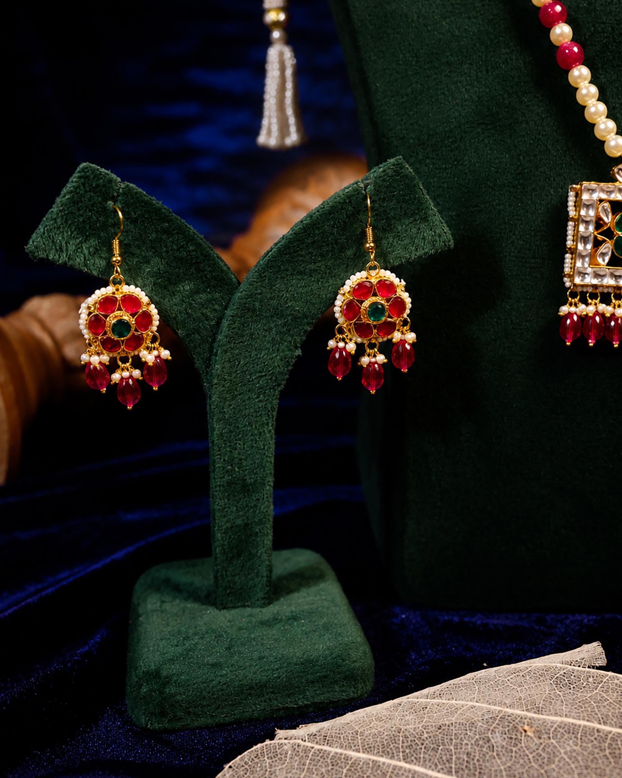 Traditional Kundan & Pearl Long Necklace Set with Ruby Emerald Floral Pendant - Heritage Jewelry