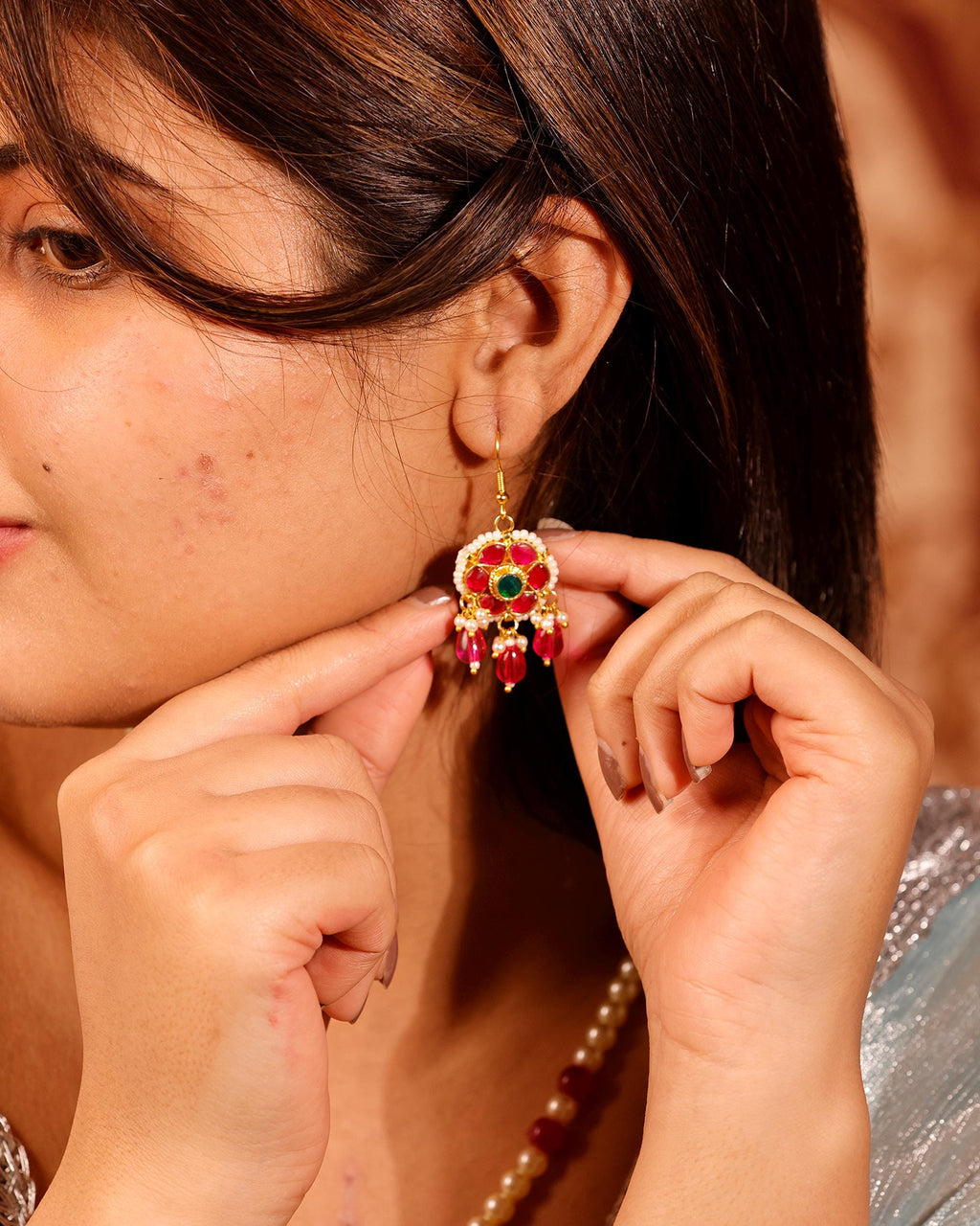 Traditional Kundan & Pearl Long Necklace Set with Ruby Emerald Floral Pendant - Heritage Jewelry