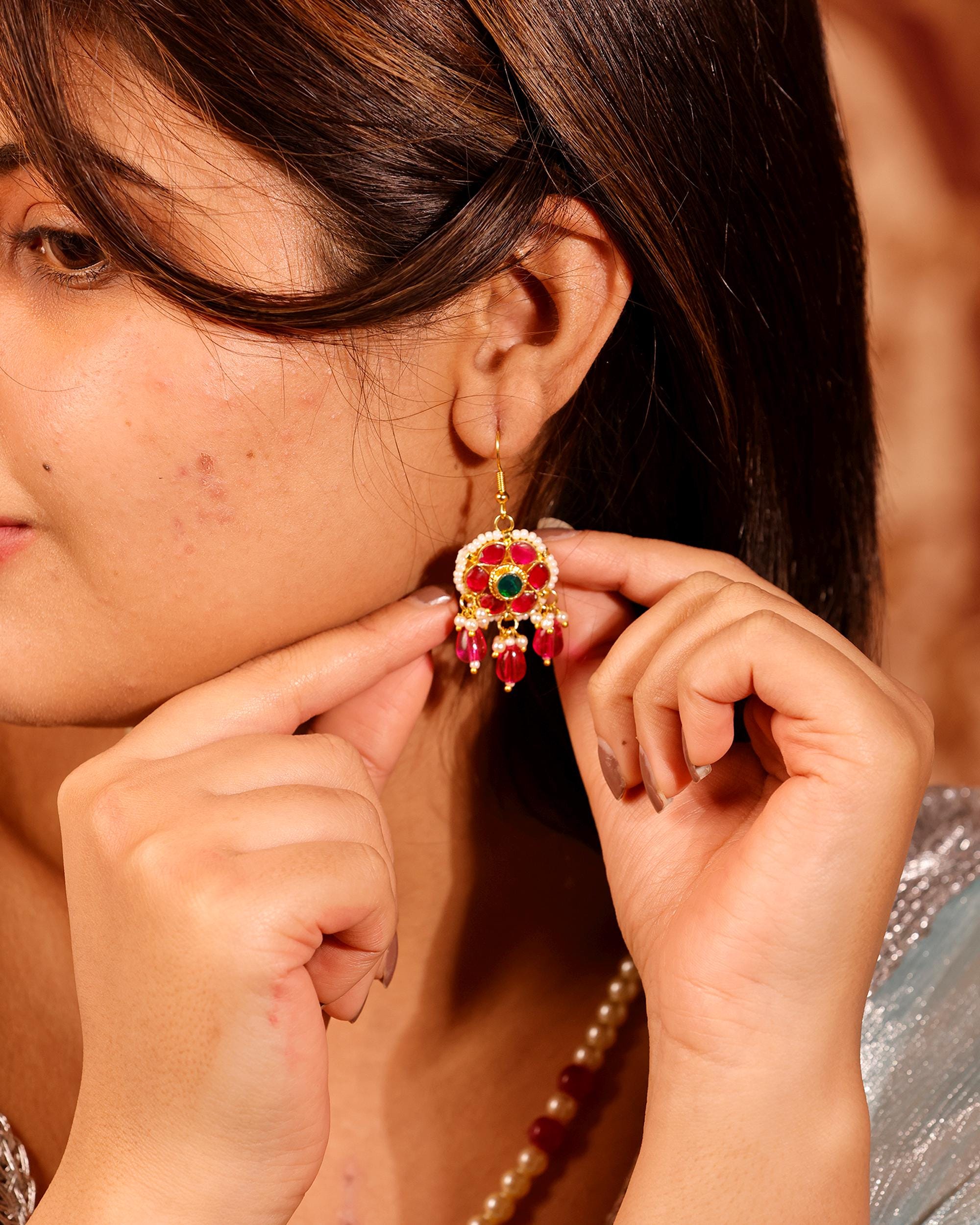 Traditional Kundan & Pearl Long Necklace Set with Ruby Emerald Floral Pendant - Heritage Jewelry