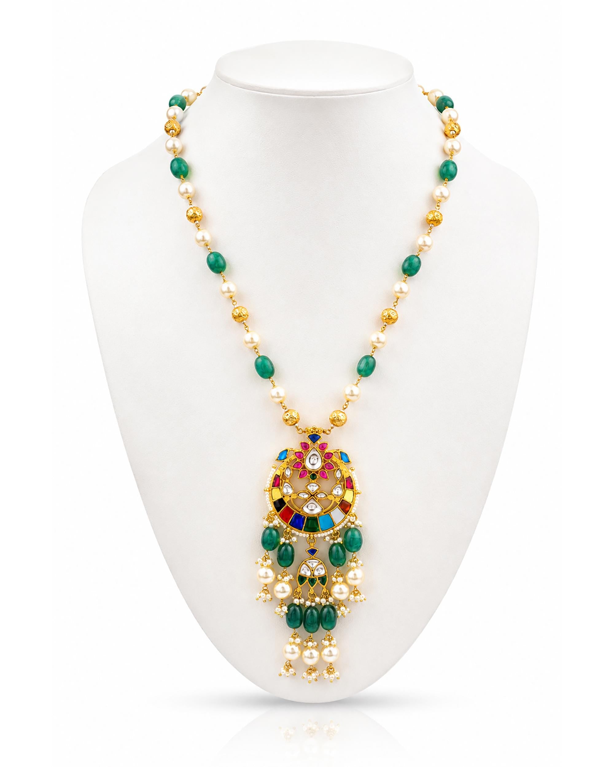 Collar largo de Kundan multicolor hecho a mano: Joyería de herencia con esmeraldas y perlas