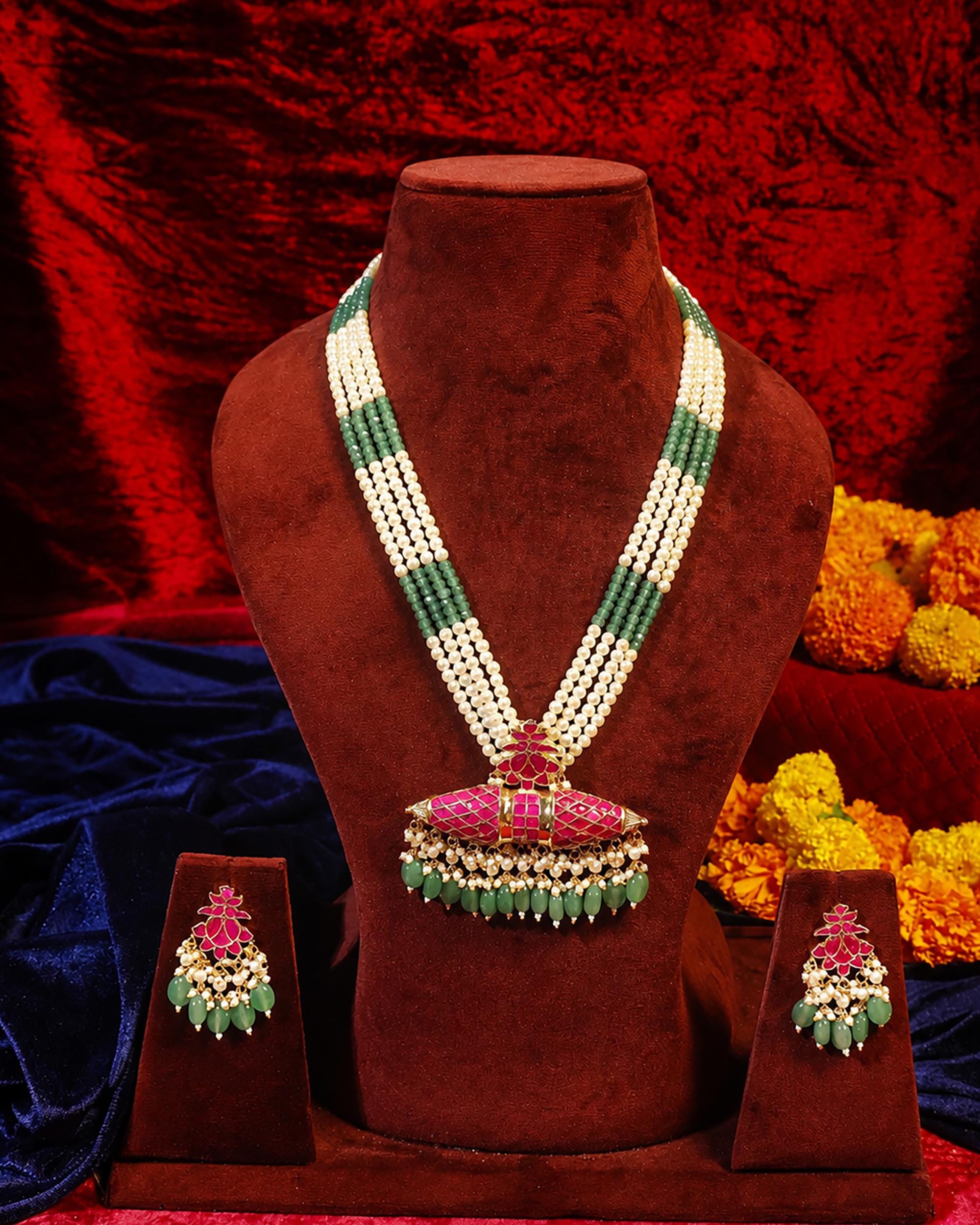 Traditional Indian Long Necklace Set: Pearl & Green Bead Mala with Ruby-Tone Motif