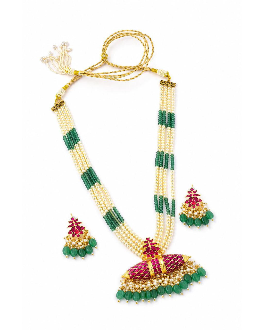 Traditional Indian Long Necklace Set: Pearl & Green Bead Mala with Ruby-Tone Motif