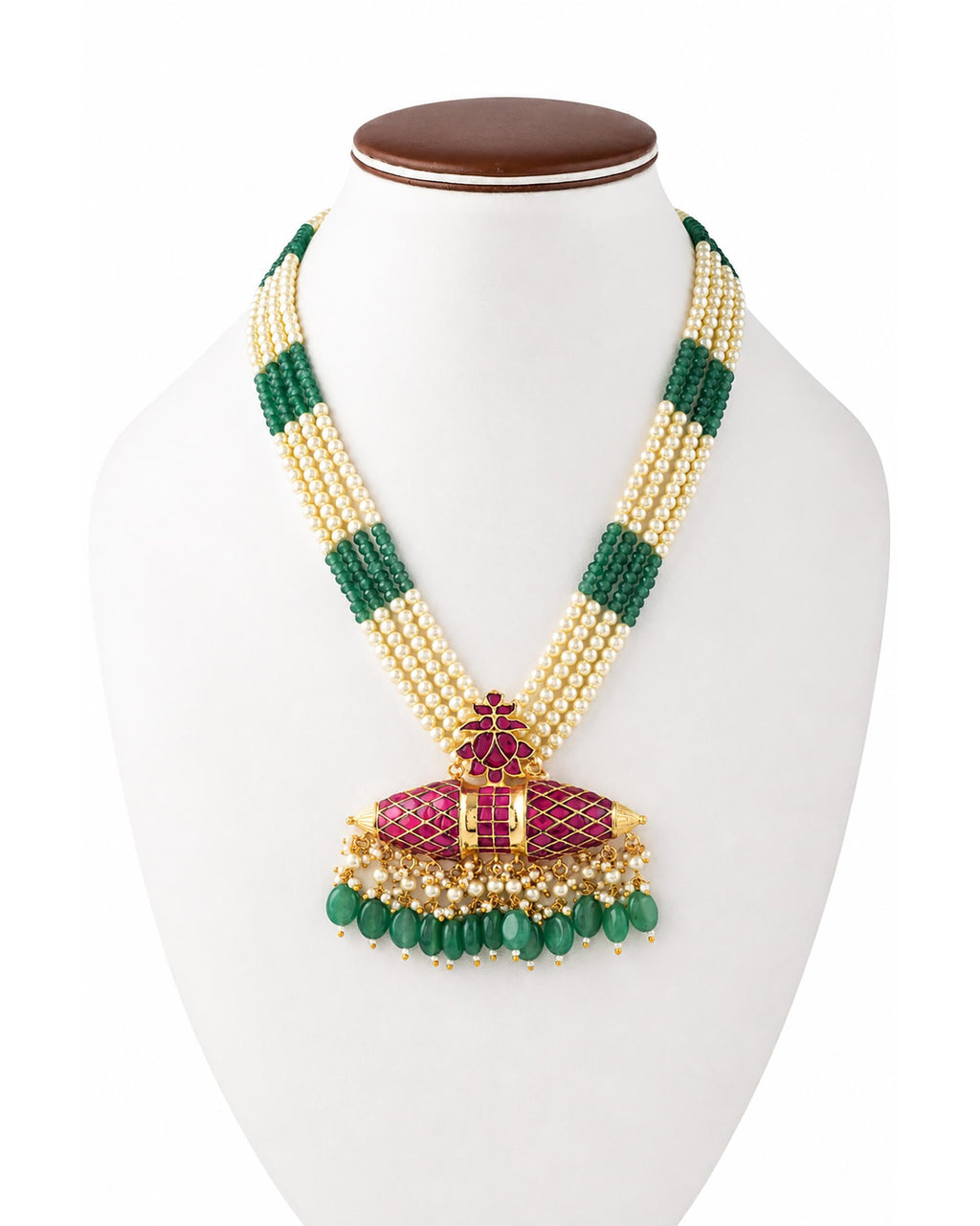 Traditional Indian Long Necklace Set: Pearl & Green Bead Mala with Ruby-Tone Motif