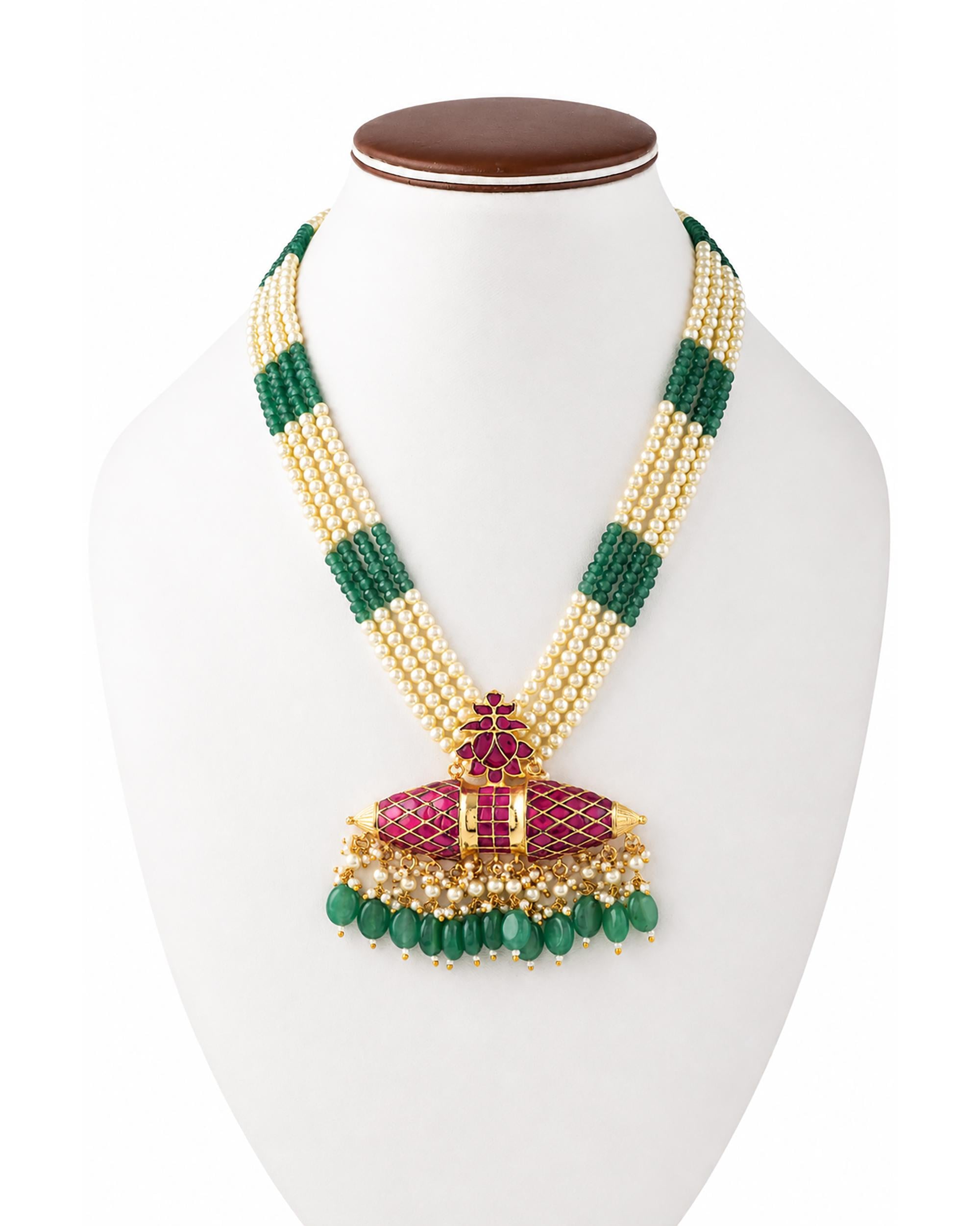 Traditional Indian Long Necklace Set: Pearl & Green Bead Mala with Ruby-Tone Motif