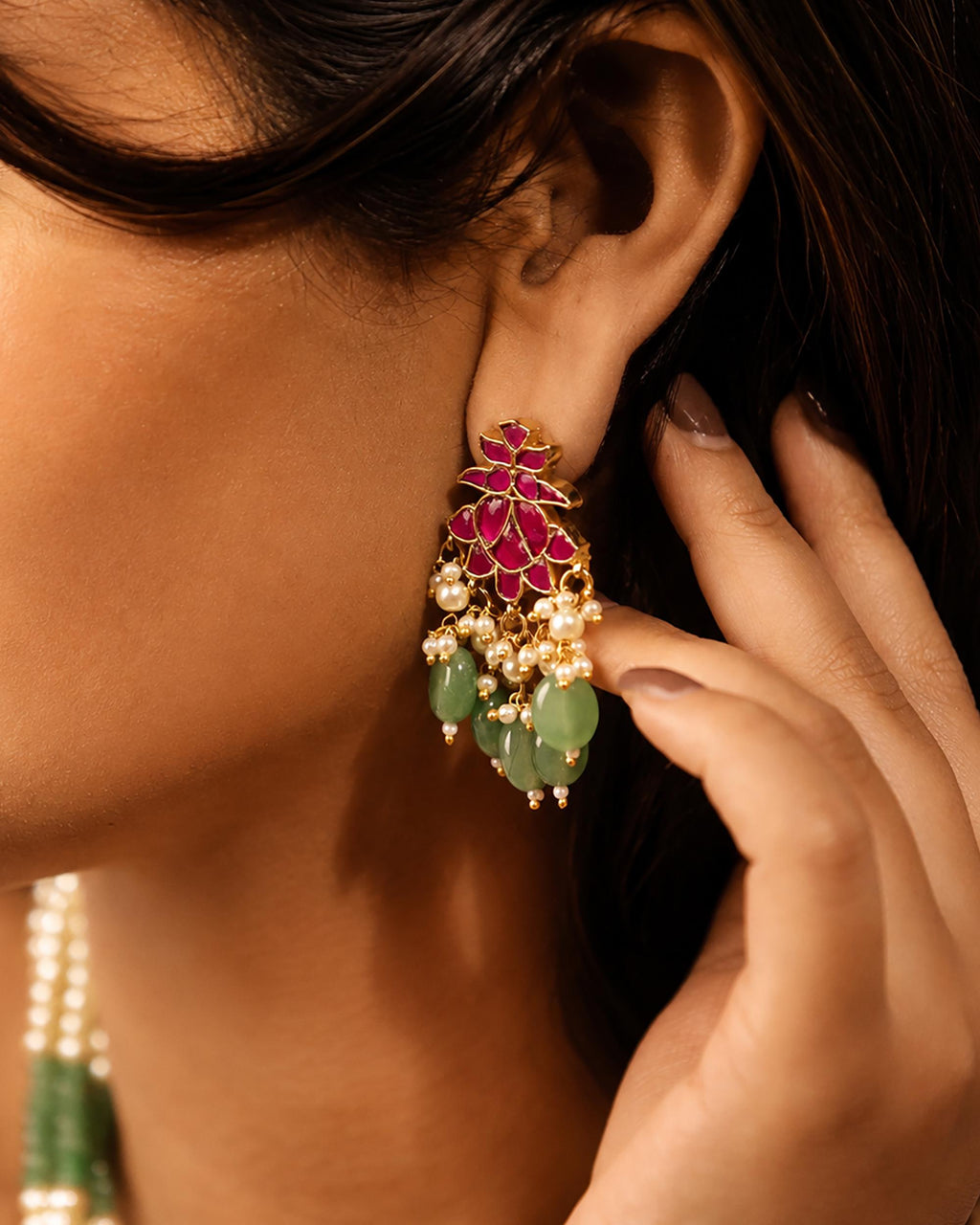 Traditional Indian Long Necklace Set: Pearl & Green Bead Mala with Ruby-Tone Motif