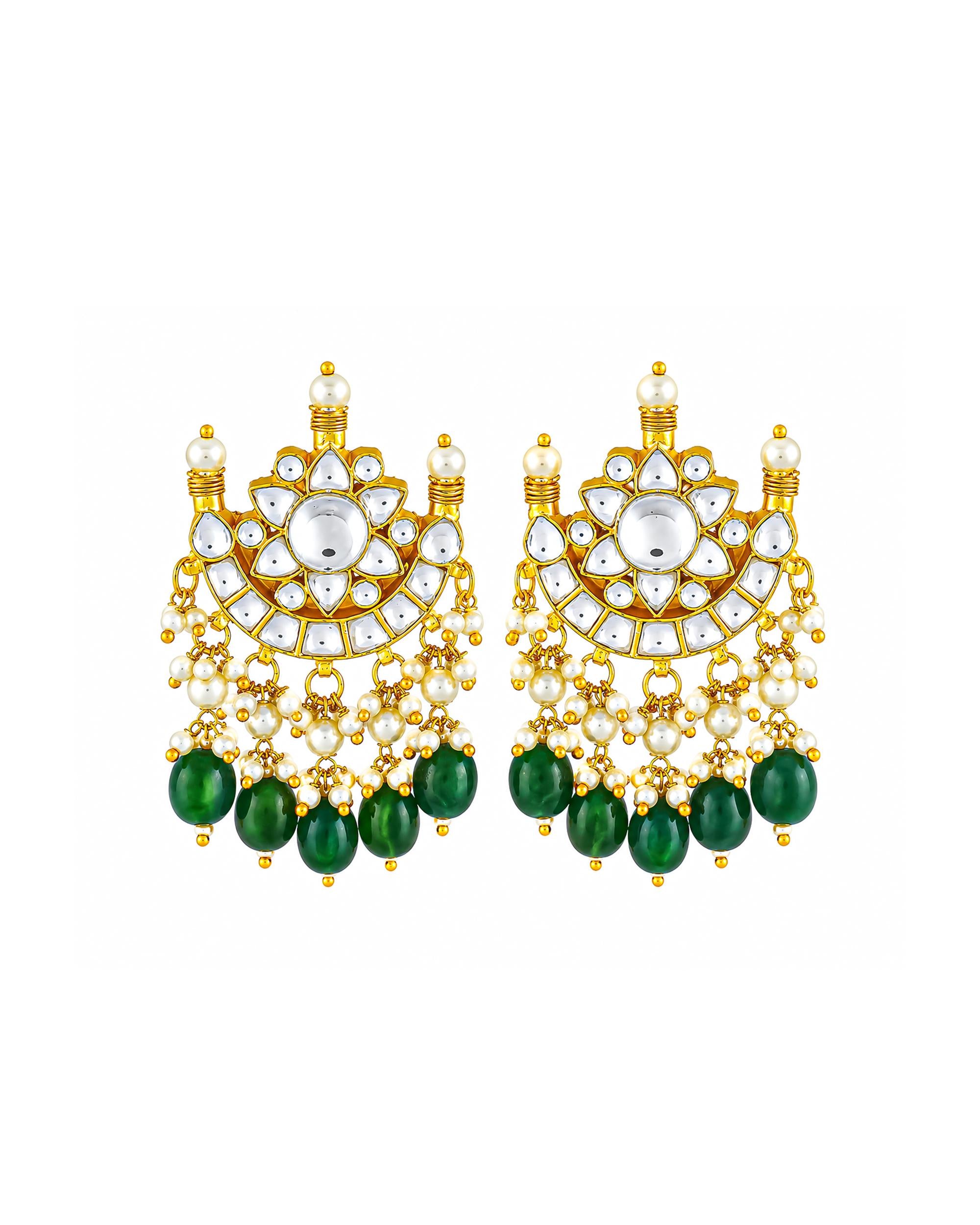 Kundan Chand Pendant Long Necklace Set  Traditional Indian Heritage Mala Ruby Green Accents