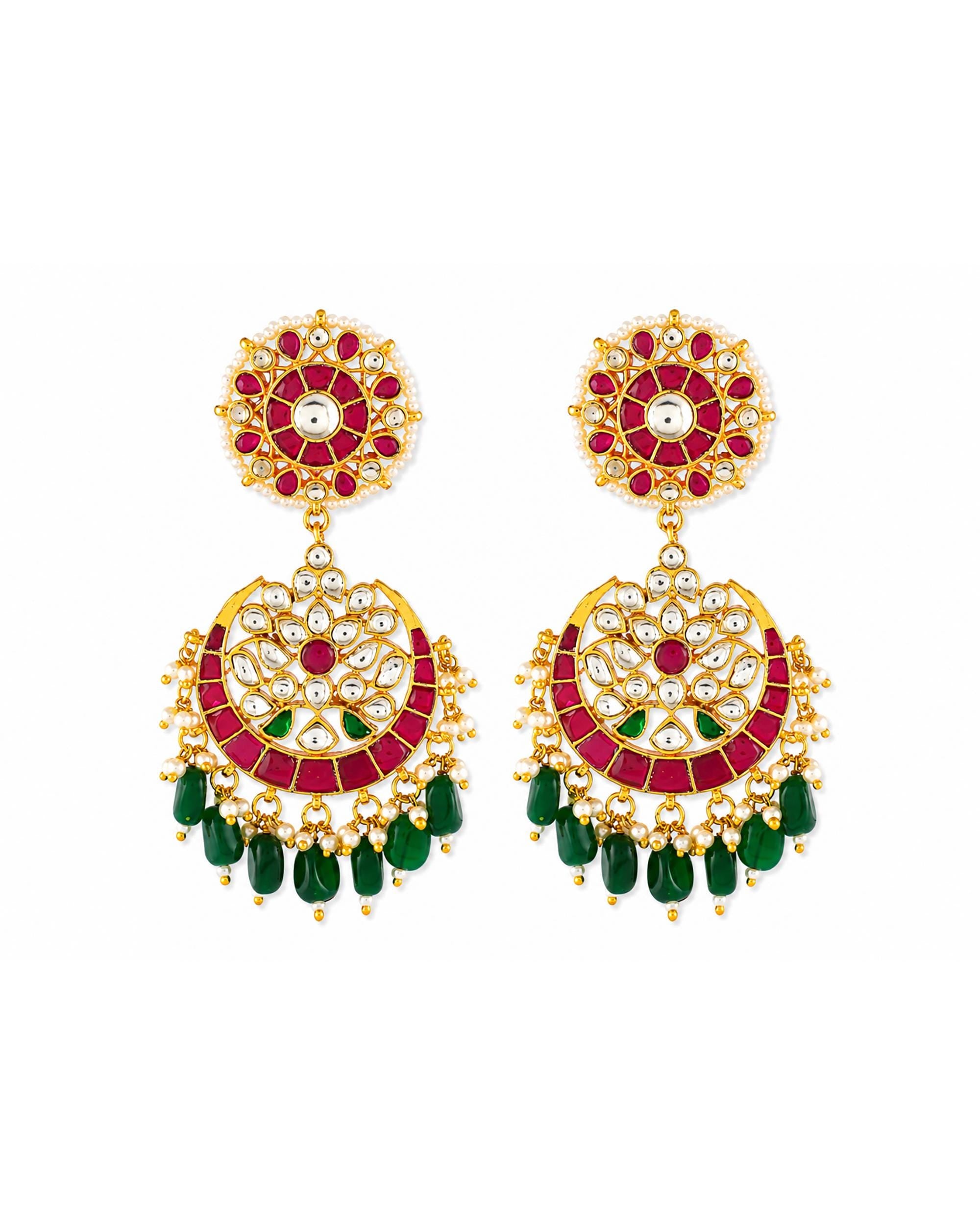 Traditional Indian Green Bead Mala Set - Handcrafted Long Necklace with Kundan & Ruby Accents