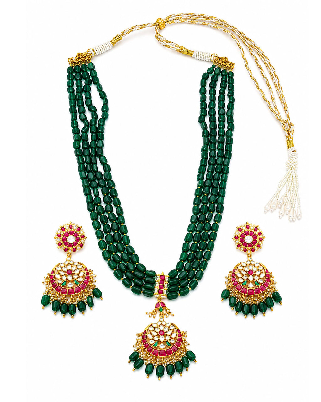 Traditional Indian Green Bead Mala Set - Handcrafted Long Necklace with Kundan & Ruby Accents