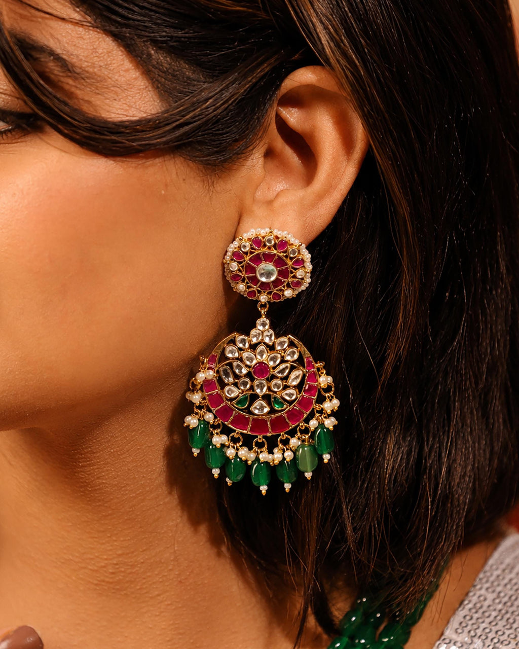 Traditional Indian Green Bead Mala Set - Handcrafted Long Necklace with Kundan & Ruby Accents
