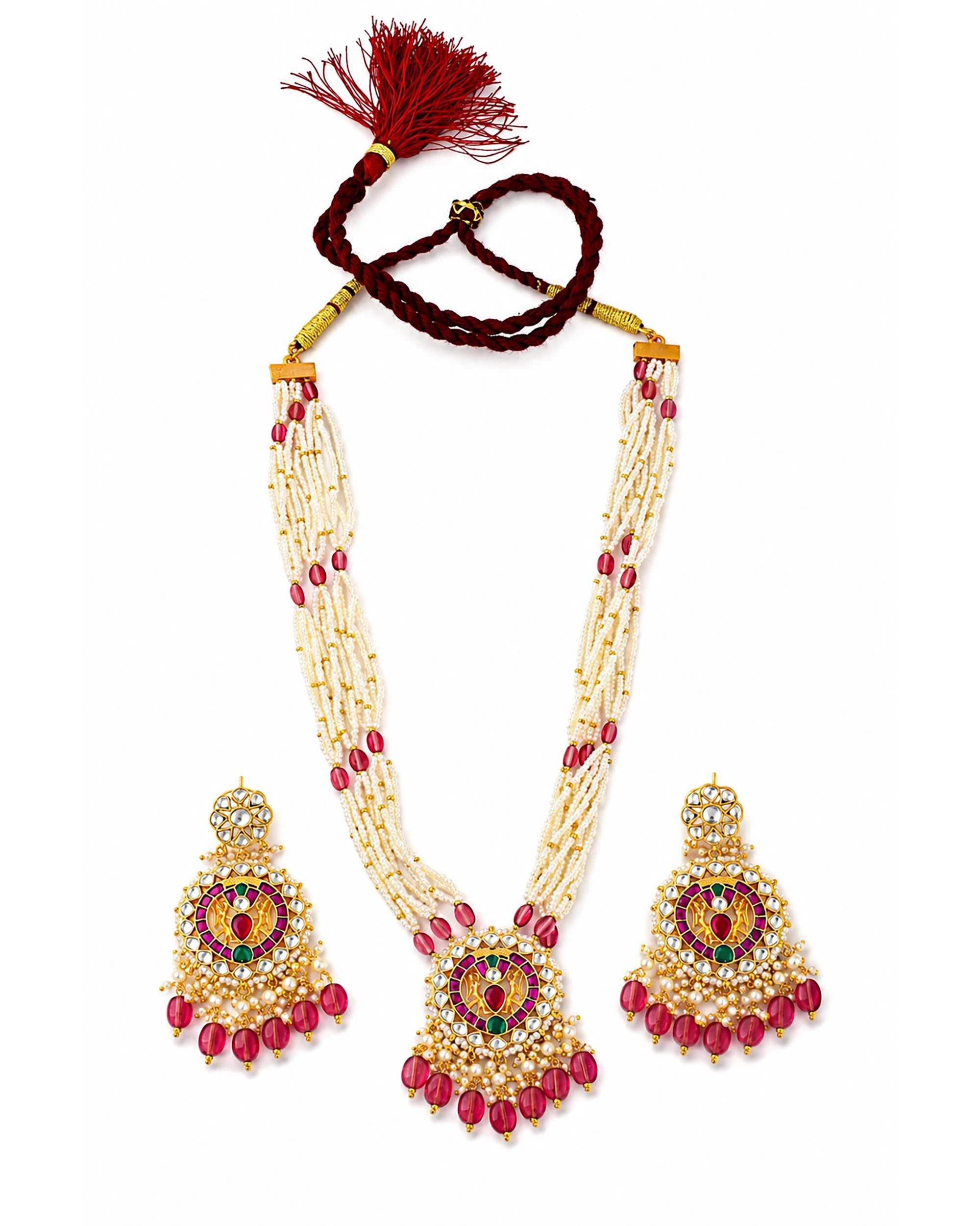 Traditional Indian Green Bead Mala Set - Handcrafted Long Necklace with Kundan & Ruby Accents