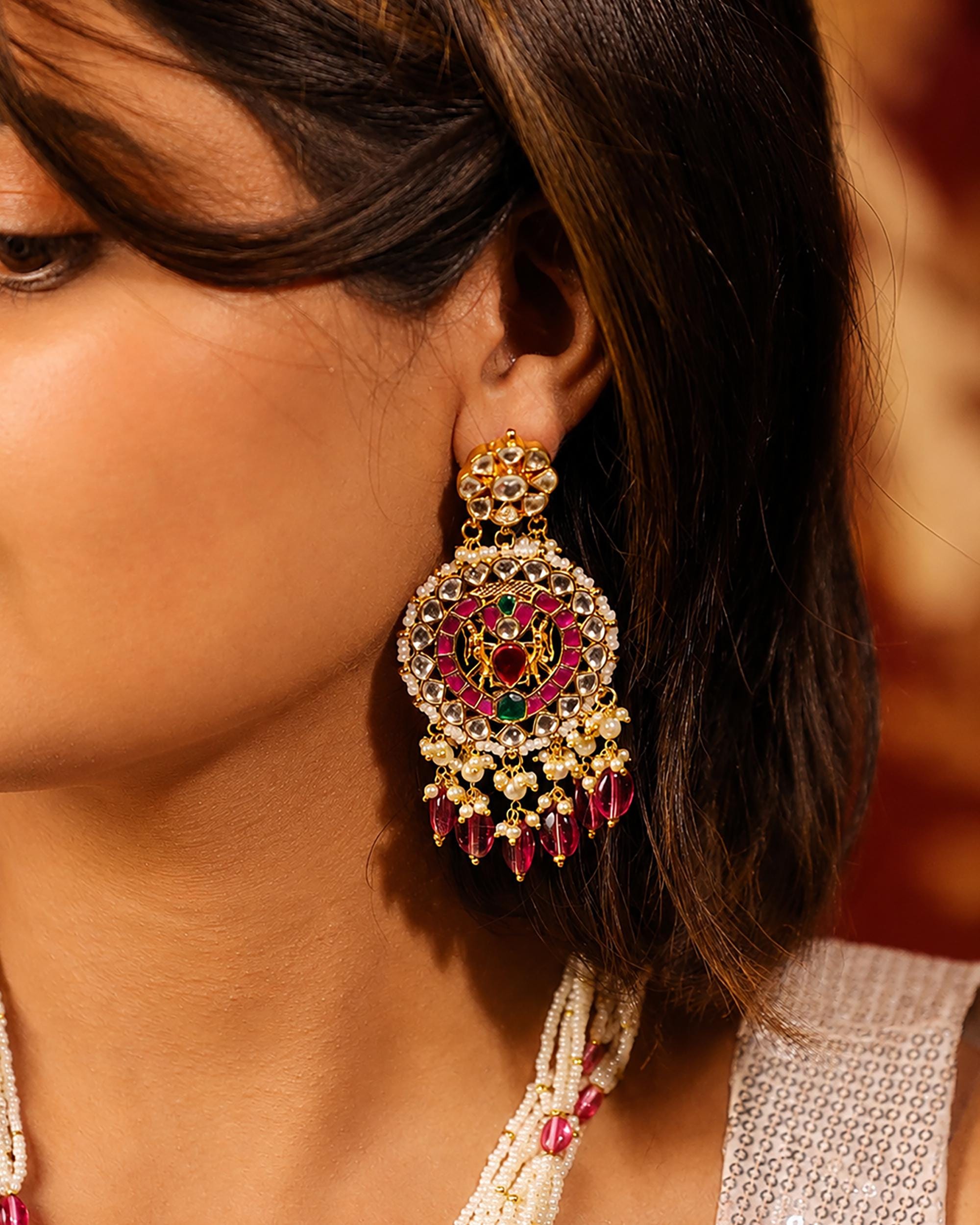 Traditional Indian Green Bead Mala Set - Handcrafted Long Necklace with Kundan & Ruby Accents