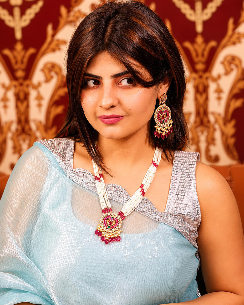 Traditional Indian Green Bead Mala Set - Handcrafted Long Necklace with Kundan & Ruby Accents