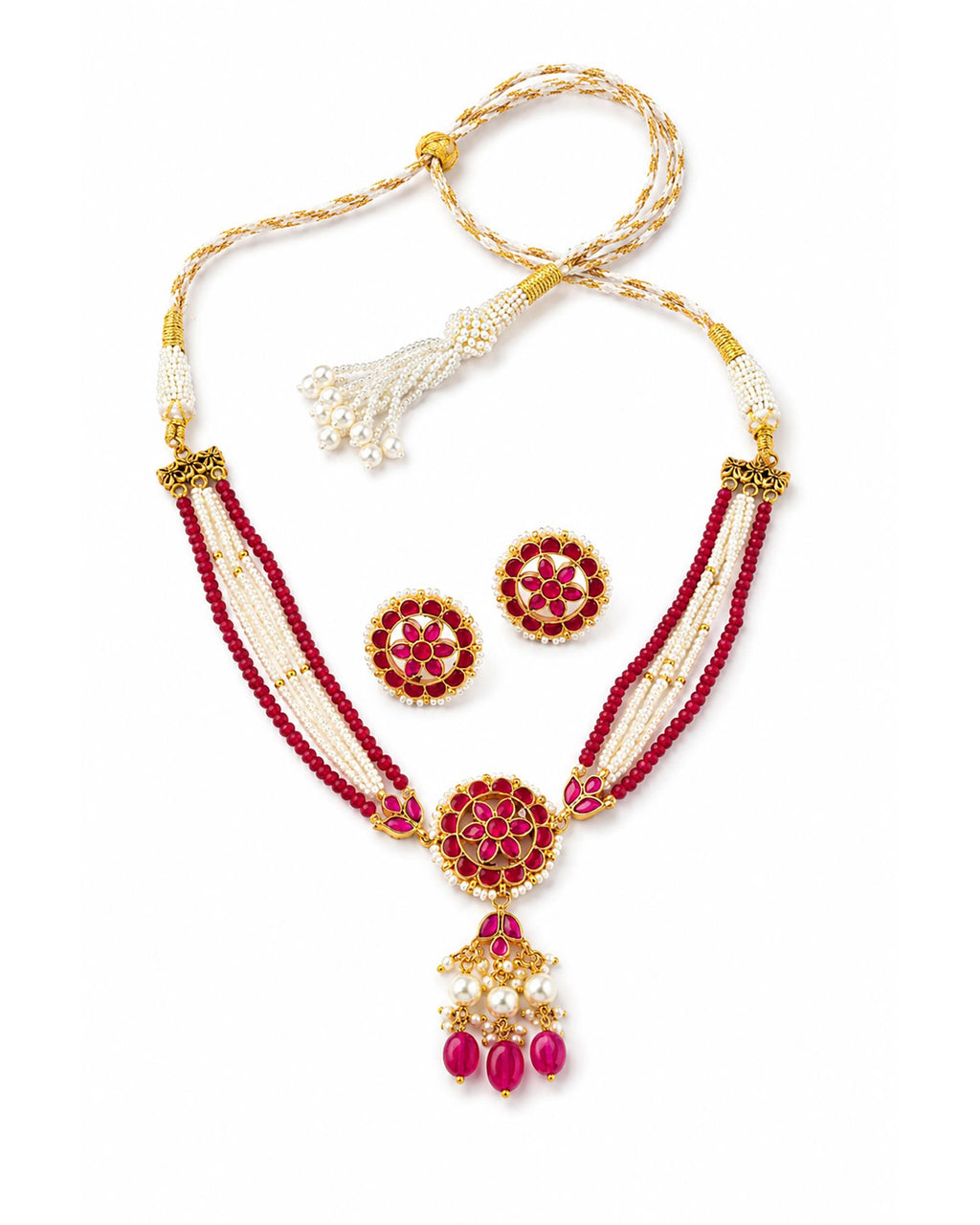 Royal Kundan Statement Pendant & Three-Strand Pearl Mala Set with Emerald Green Drops
