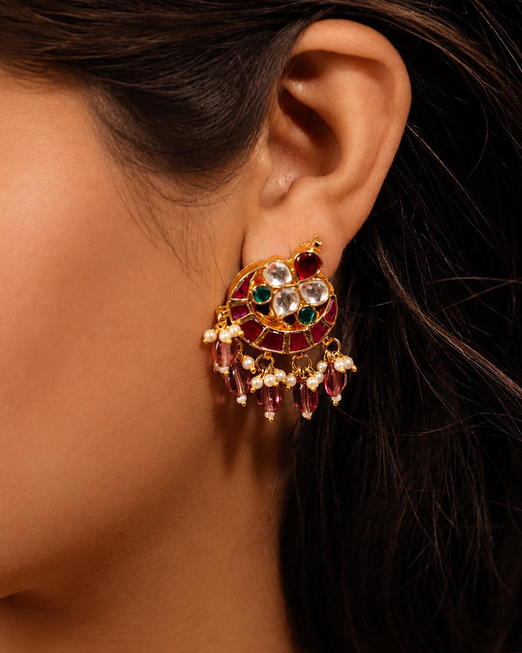 Exquisite Kundan & Pink Bead Haar Set with Matching Earrings