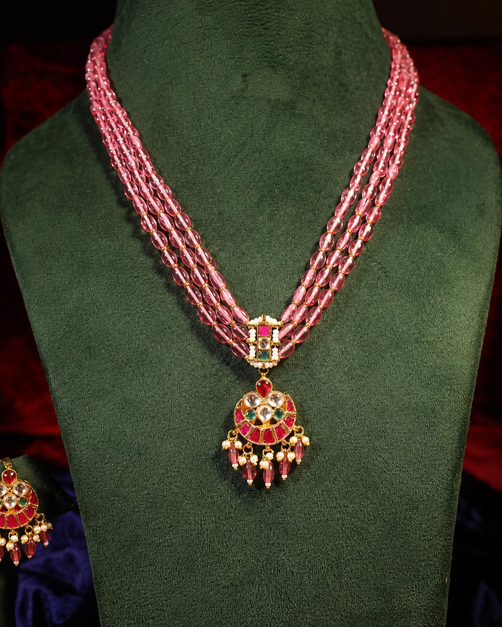 Exquisite Kundan & Pink Bead Haar Set with Matching Earrings