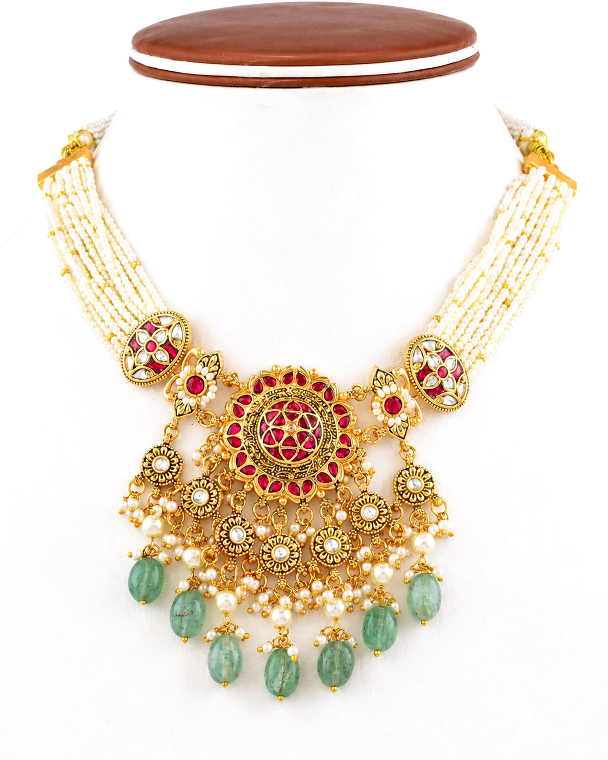 Antique Gold Jadau Kundan Festive Necklace Set with Mint Green Drops