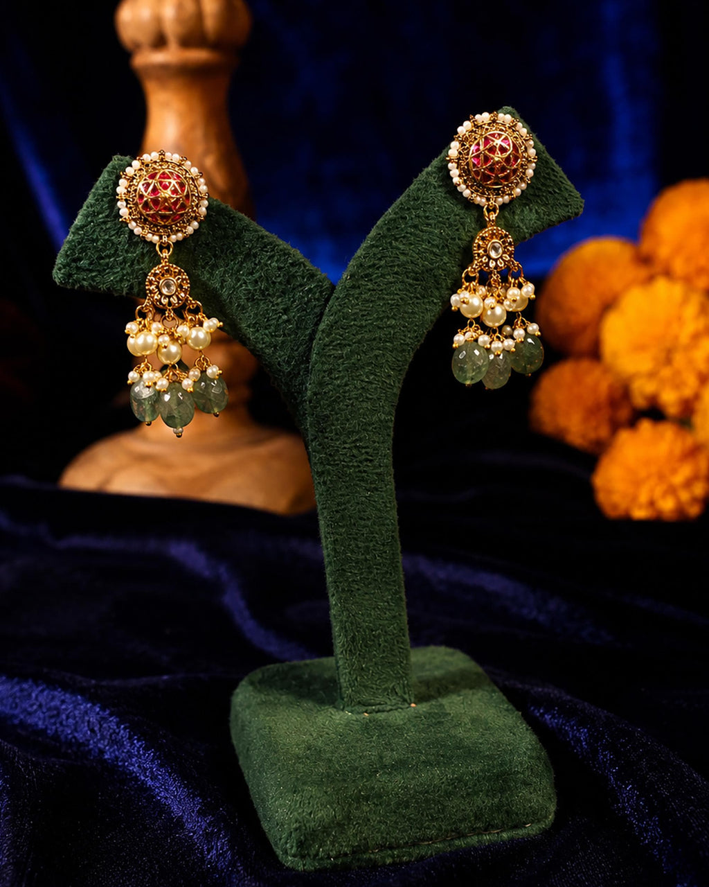 Antique Gold Jadau Kundan Festive Necklace Set with Mint Green Drops