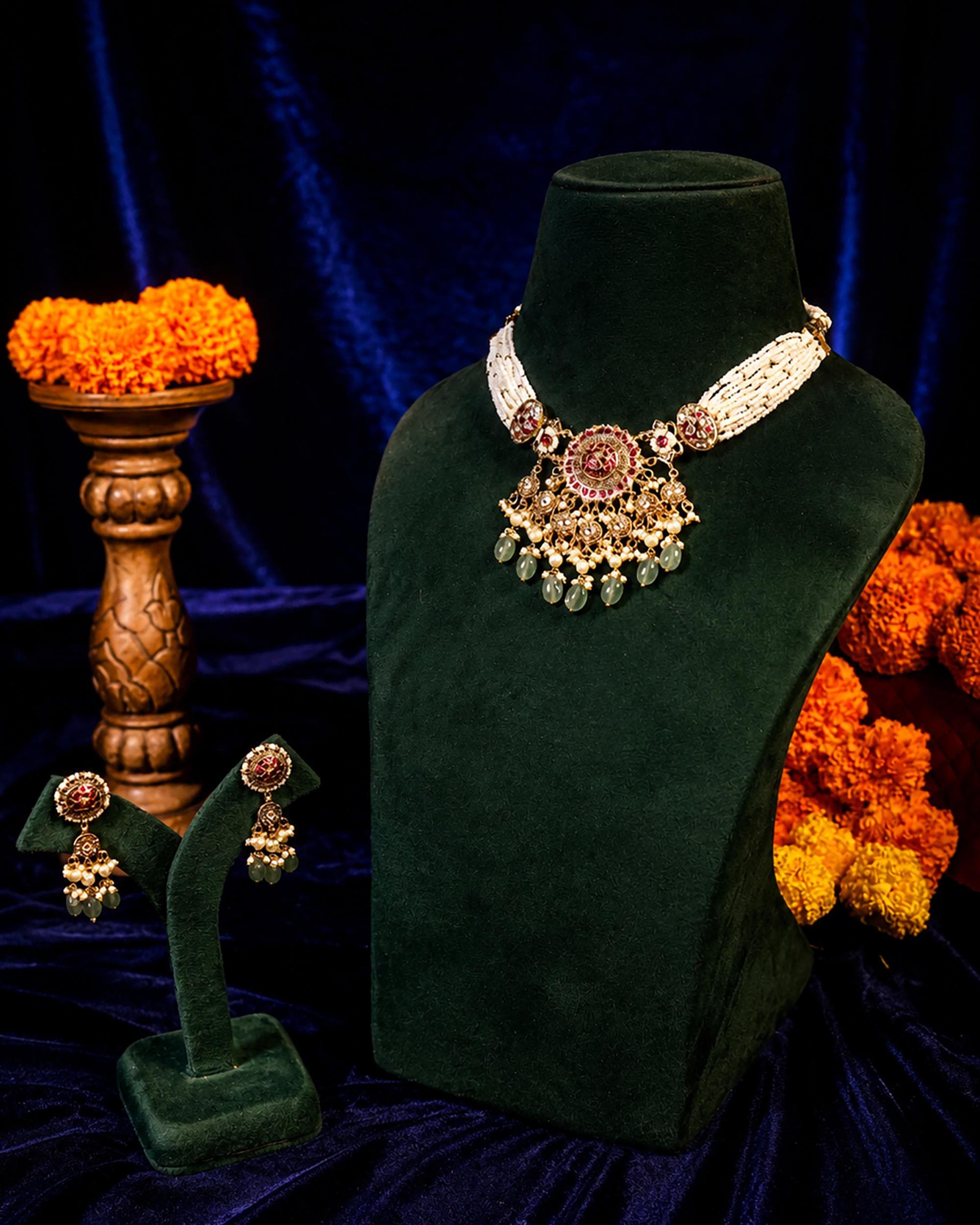 Antique Gold Jadau Kundan Festive Necklace Set with Mint Green Drops
