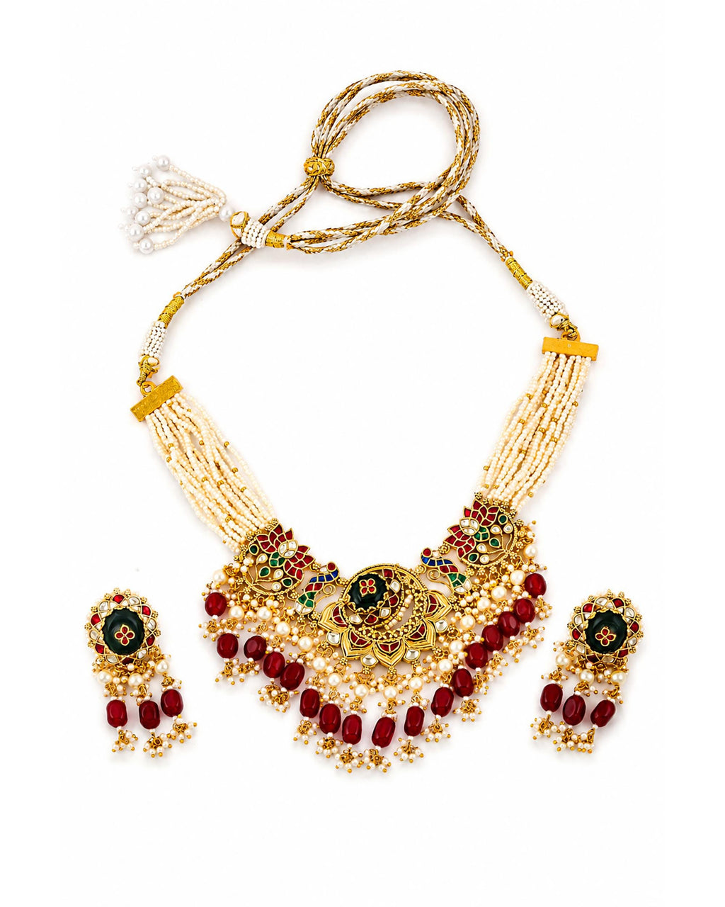 Royal Meenakari Peacock & Lotus Bridal Haar Set with Deep Crimson Drops