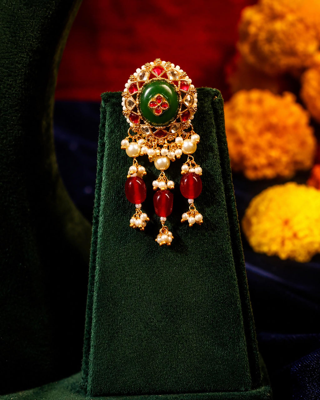 Royal Meenakari Peacock & Lotus Bridal Haar Set with Deep Crimson Drops