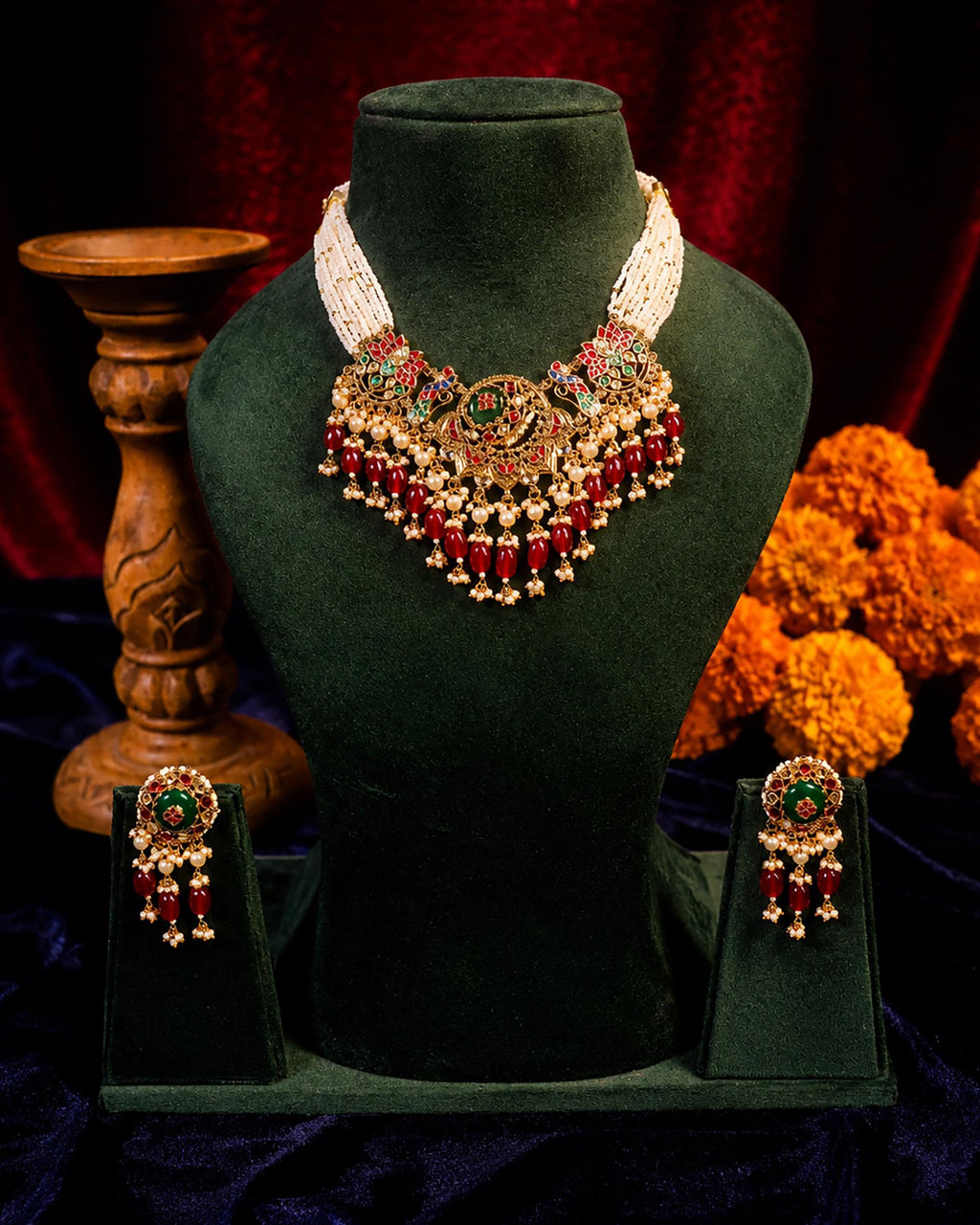 Royal Meenakari Peacock & Lotus Bridal Haar Set with Deep Crimson Drops