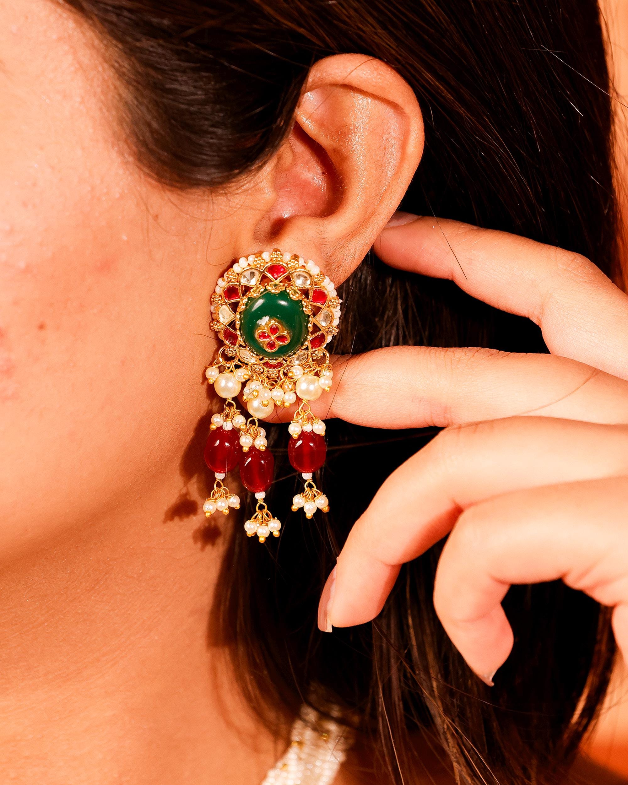 Royal Meenakari Peacock & Lotus Bridal Haar Set with Deep Crimson Drops