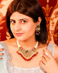 Royal Meenakari Peacock & Lotus Bridal Haar Set with Deep Crimson Drops