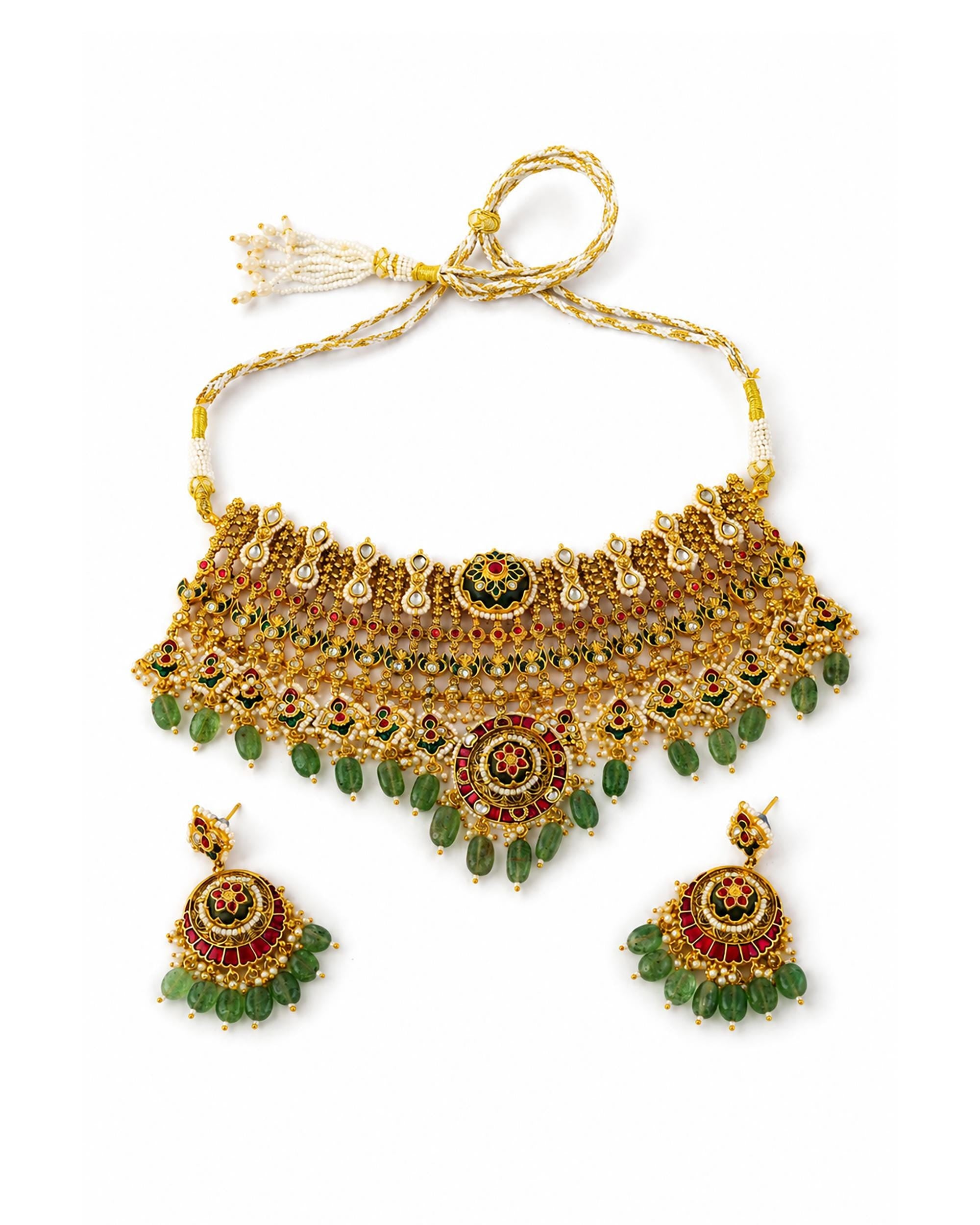 Regal Antique Gold Kundan Choker Set with Emerald Green Drops
