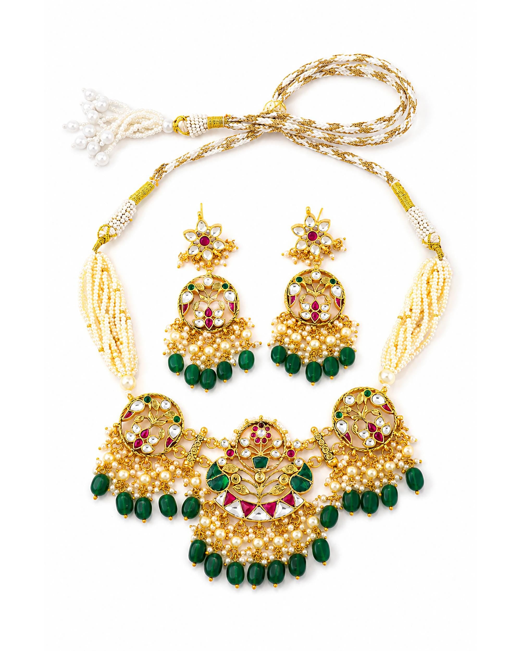 Royal Kundan & Meenakari Peacock Choker Set with Emerald Green Drops