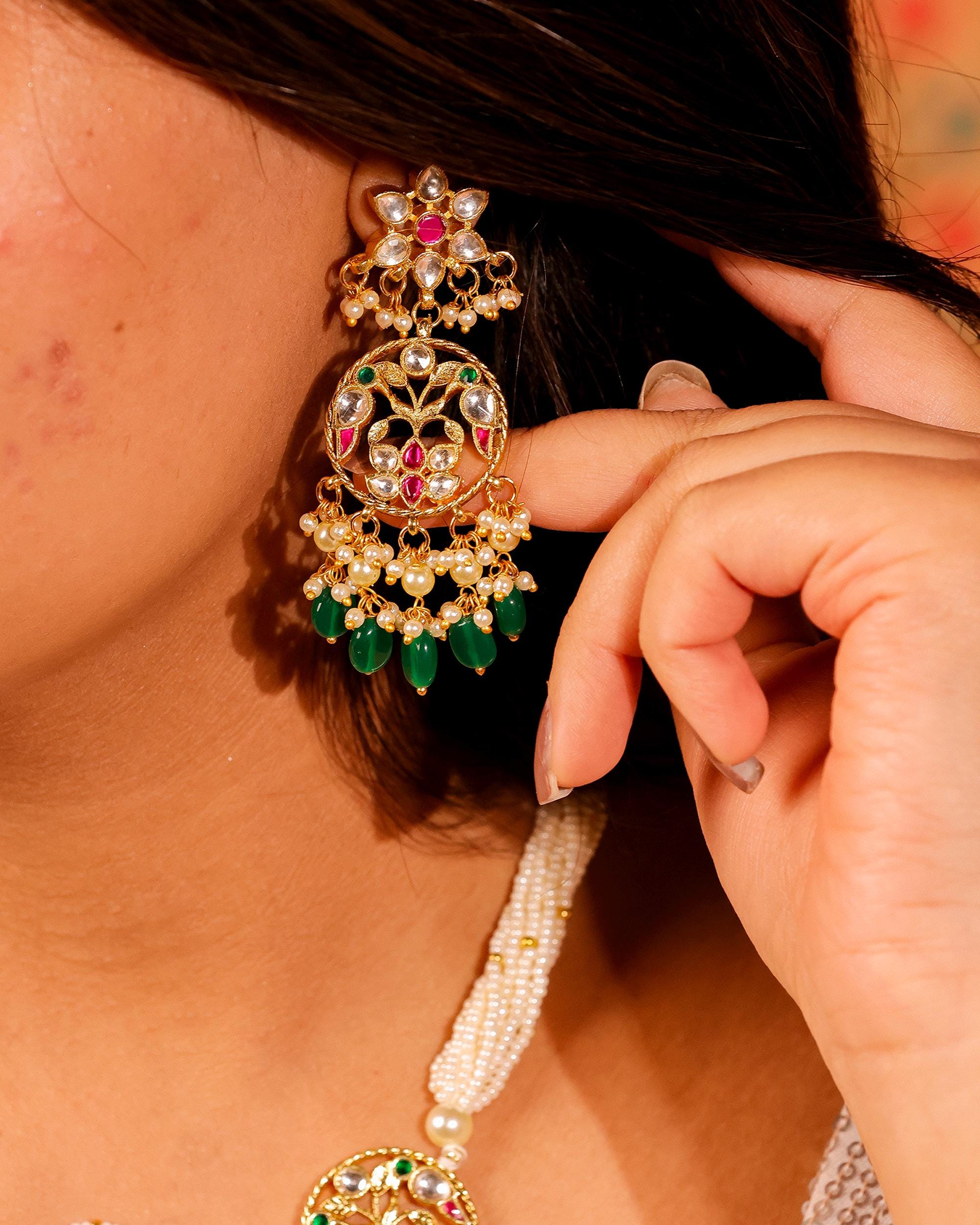 Royal Kundan & Meenakari Peacock Choker Set with Emerald Green Drops
