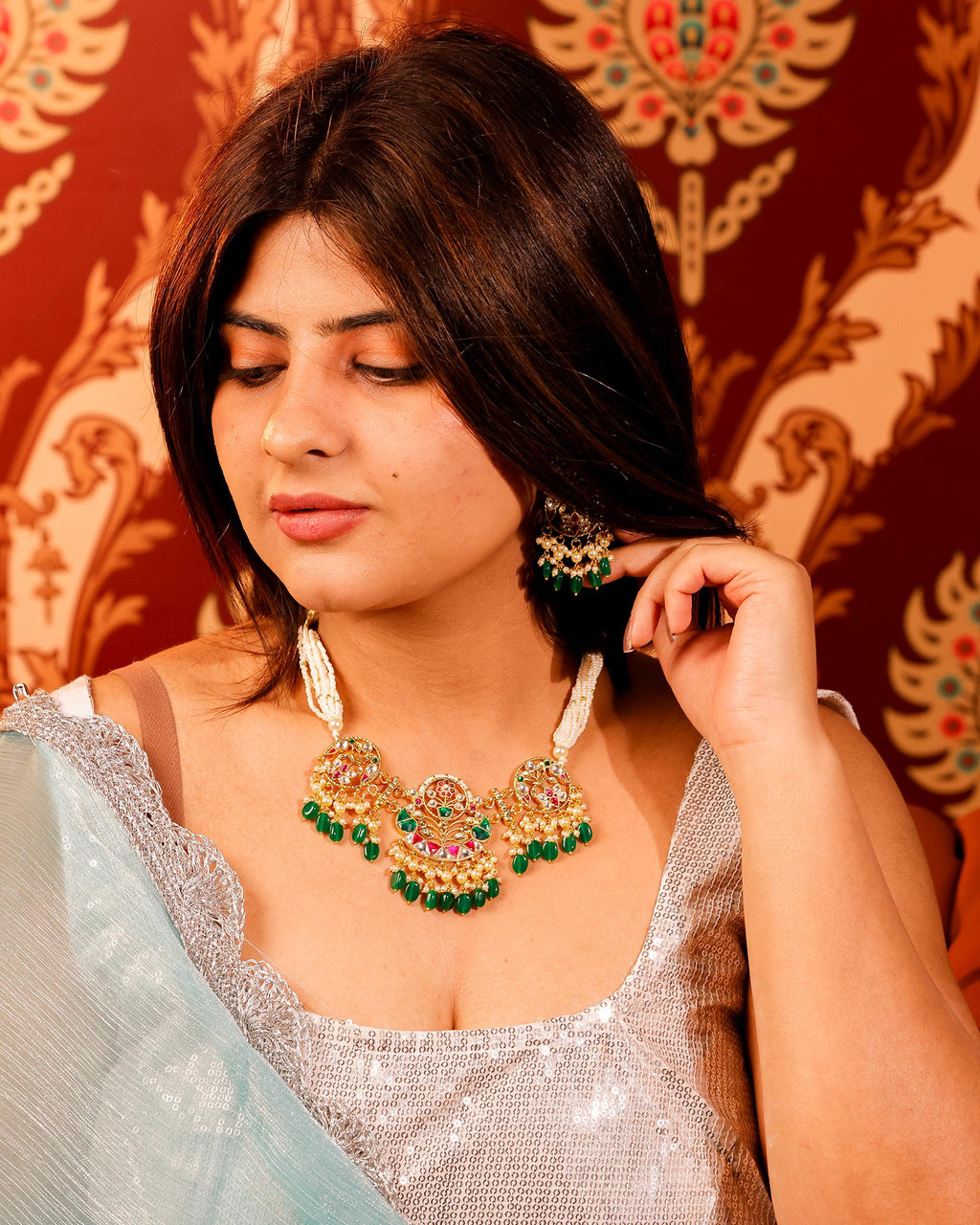 Royal Kundan & Meenakari Peacock Choker Set with Emerald Green Drops
