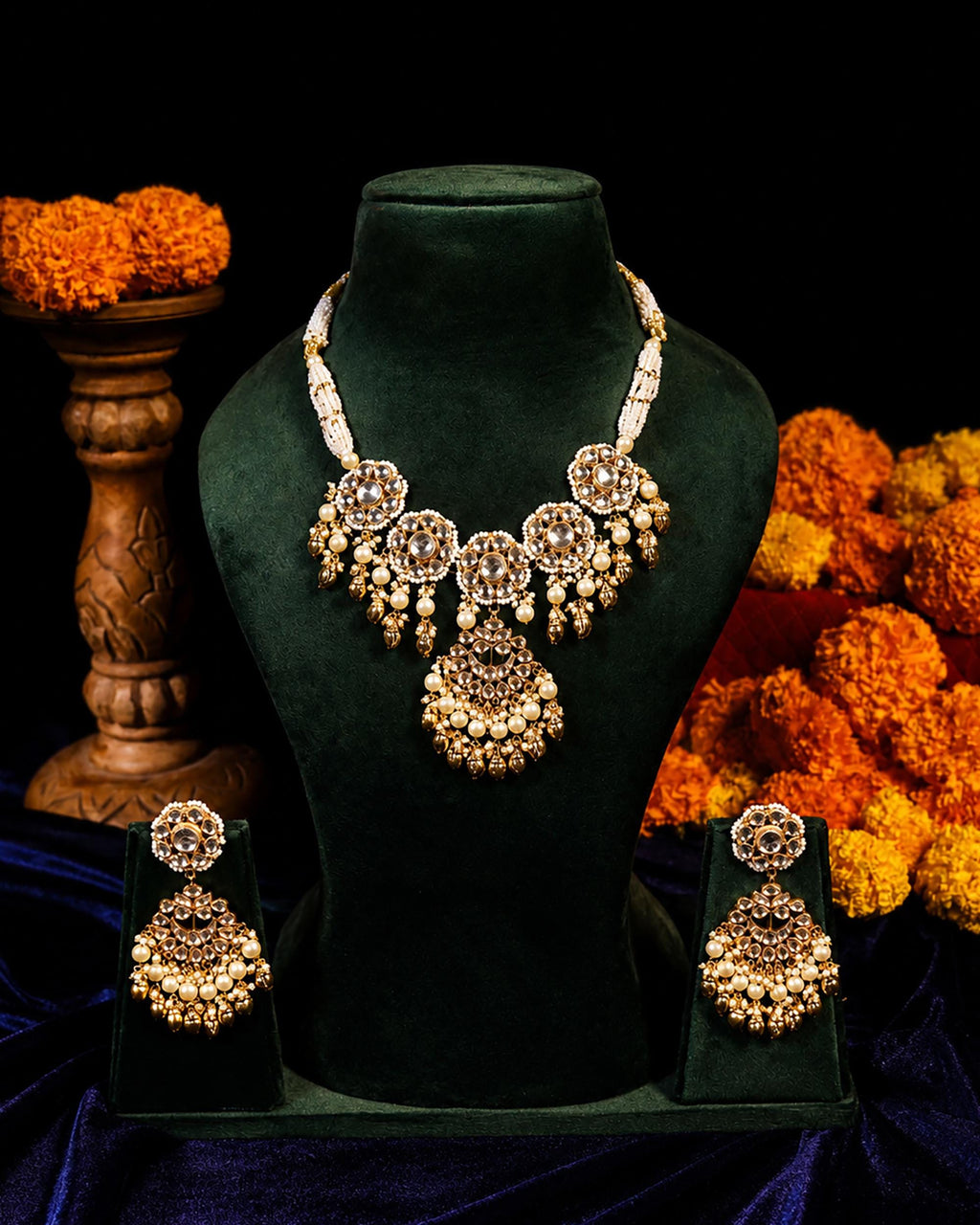 Classic Royal Kundan & Pearl Choker Set with Golden Bud Drops