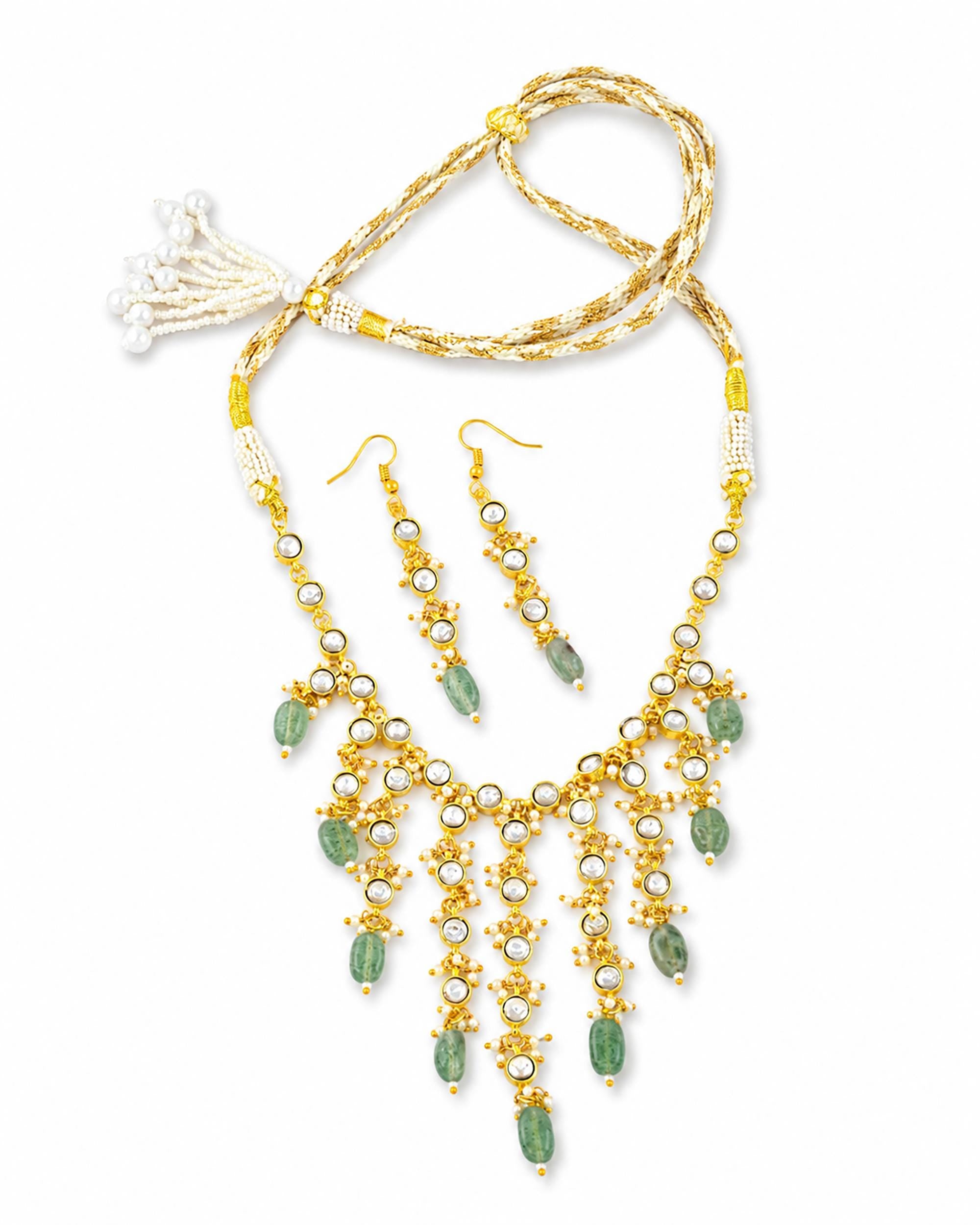 Royal Kundan & Emerald Green Bead Necklace Set with Matching Drop Earrings
