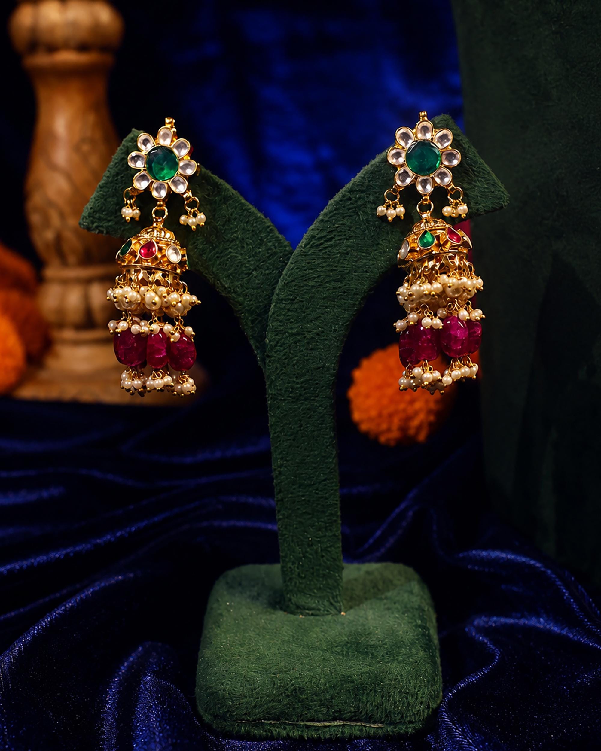 Royal Navratna-Inspired Kundan Choker Set with Meenakari Work & Ruby-Red Drop Jhumkas