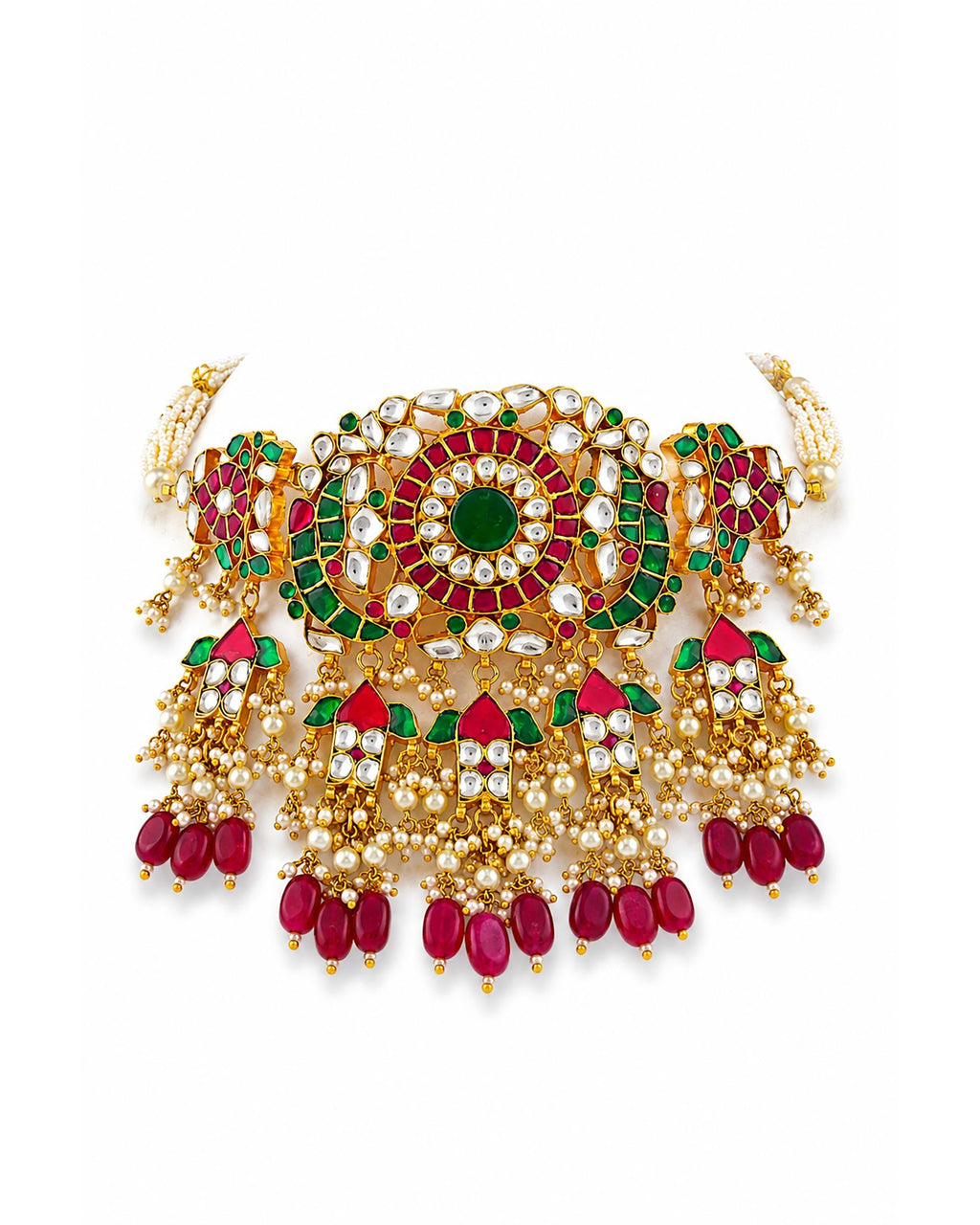 Royal Navratna-Inspired Kundan Choker Set with Meenakari Work & Ruby-Red Drop Jhumkas