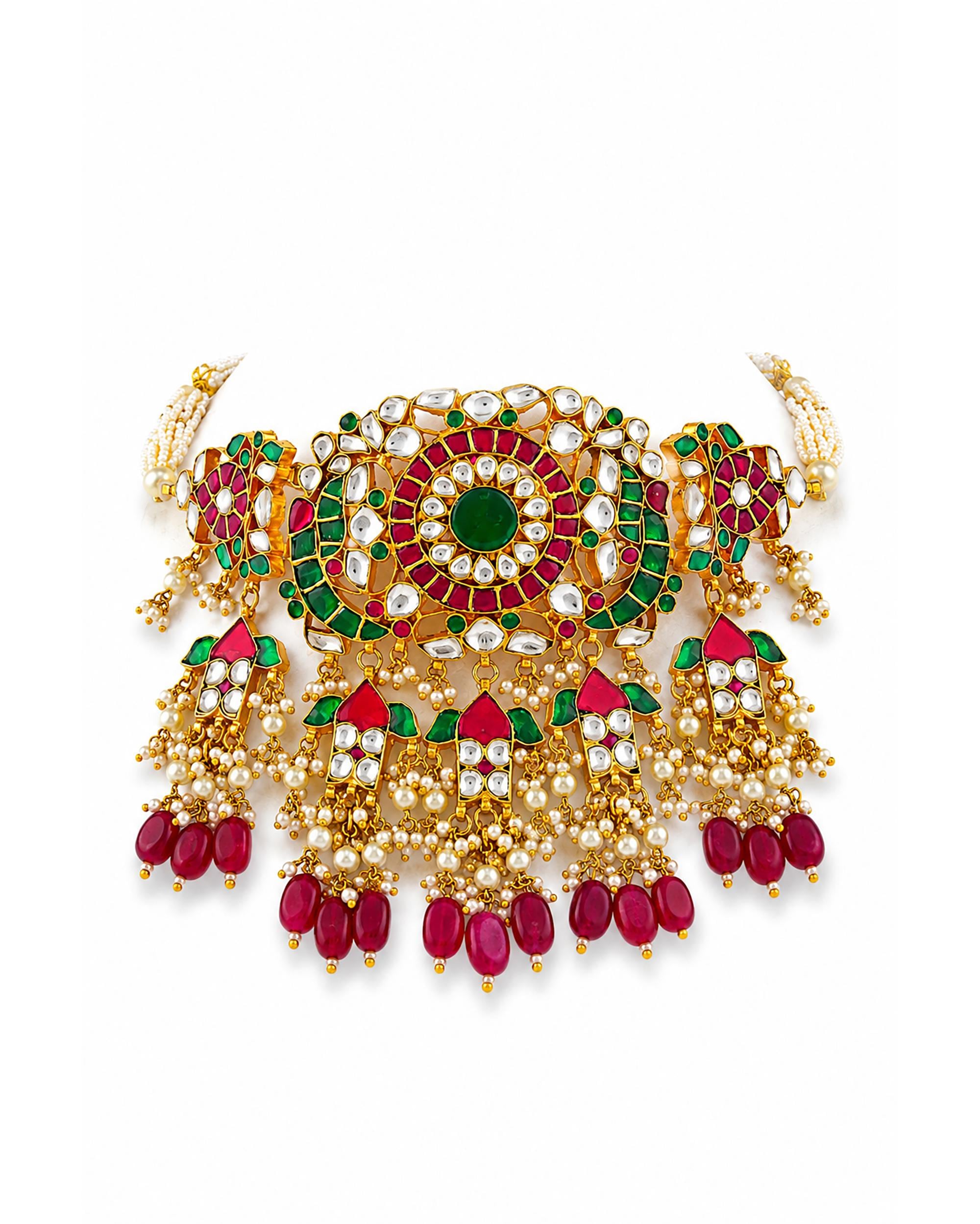 Royal Navratna-Inspired Kundan Choker Set with Meenakari Work & Ruby-Red Drop Jhumkas
