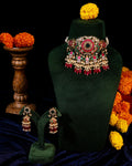 Royal Navratna-Inspired Kundan Choker Set with Meenakari Work & Ruby-Red Drop Jhumkas