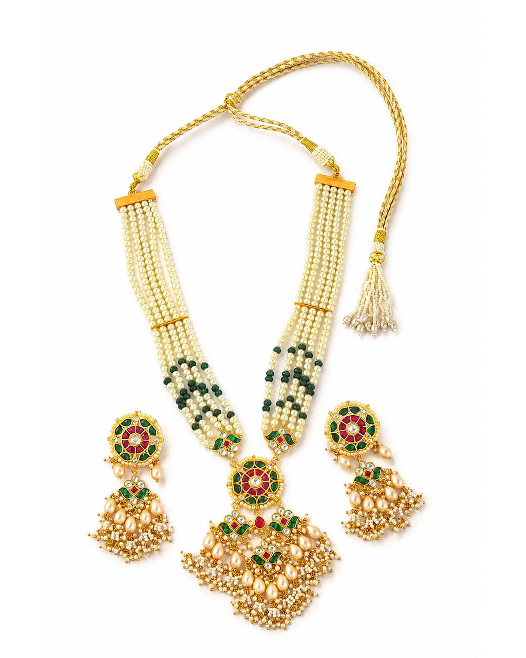 Royal Panchlada-Inspired Multi-Strand Pearl Rani Haar Necklace Set with Meenakari Pendant & Statement Earrings
