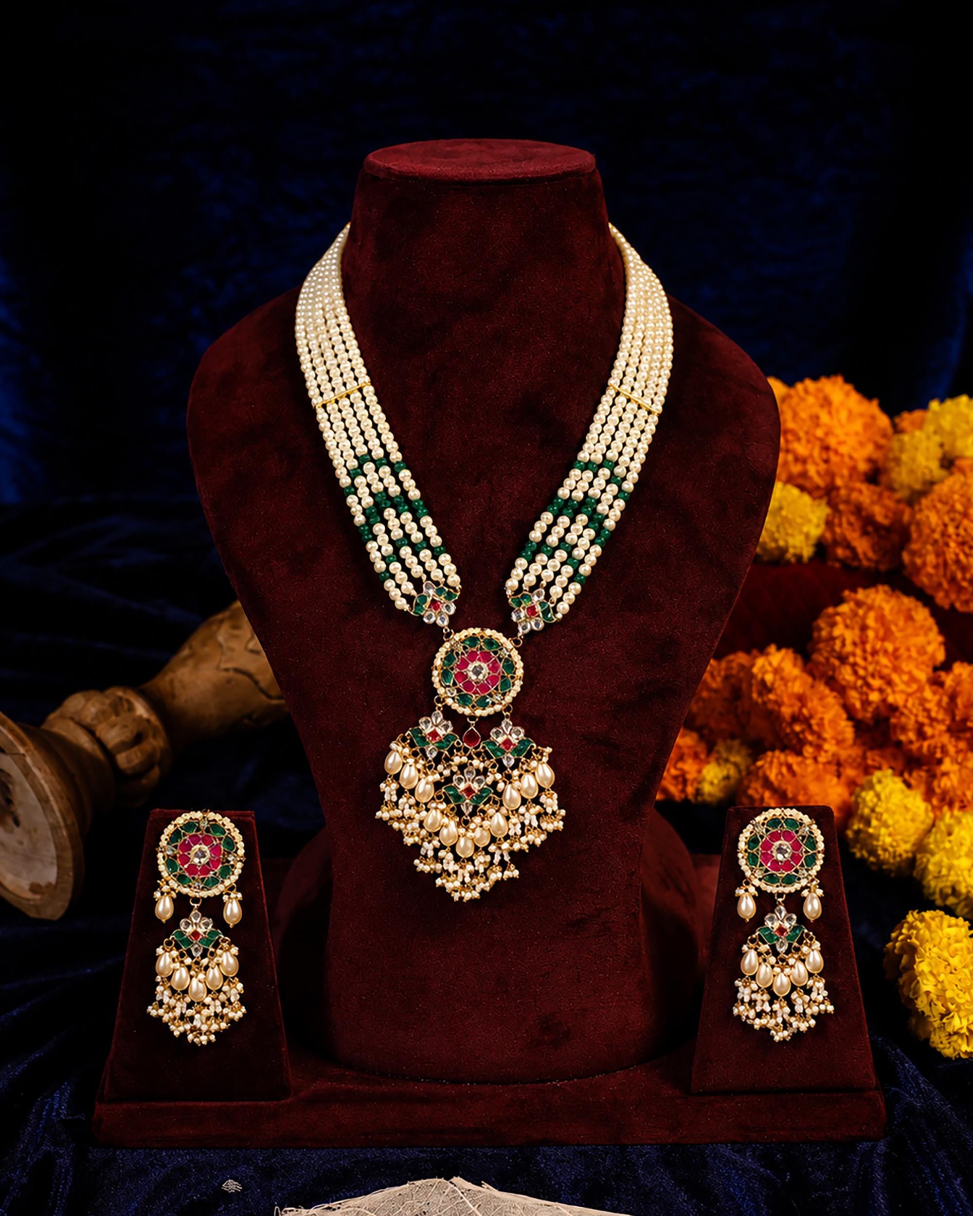 Royal Panchlada-Inspired Multi-Strand Pearl Rani Haar Necklace Set with Meenakari Pendant & Statement Earrings
