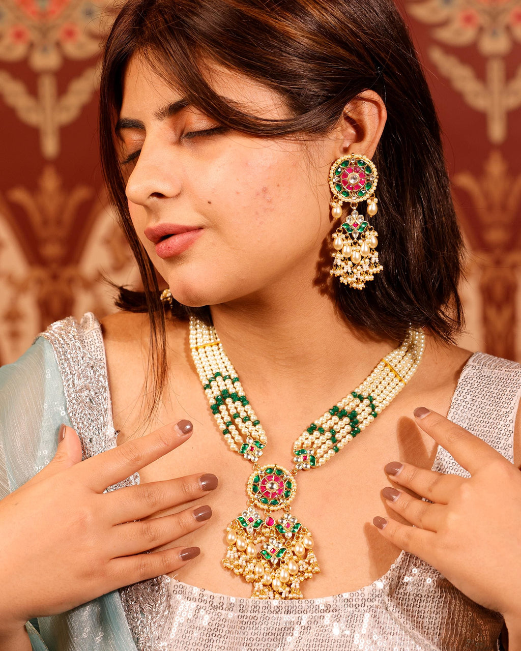 Royal Panchlada-Inspired Multi-Strand Pearl Rani Haar Necklace Set with Meenakari Pendant & Statement Earrings