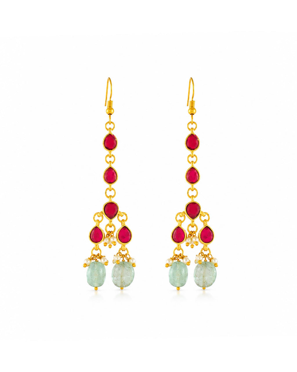 Elegant Ruby-Red Stone & Mint Green Drop Bead Jewelry Set with Matching Earrings