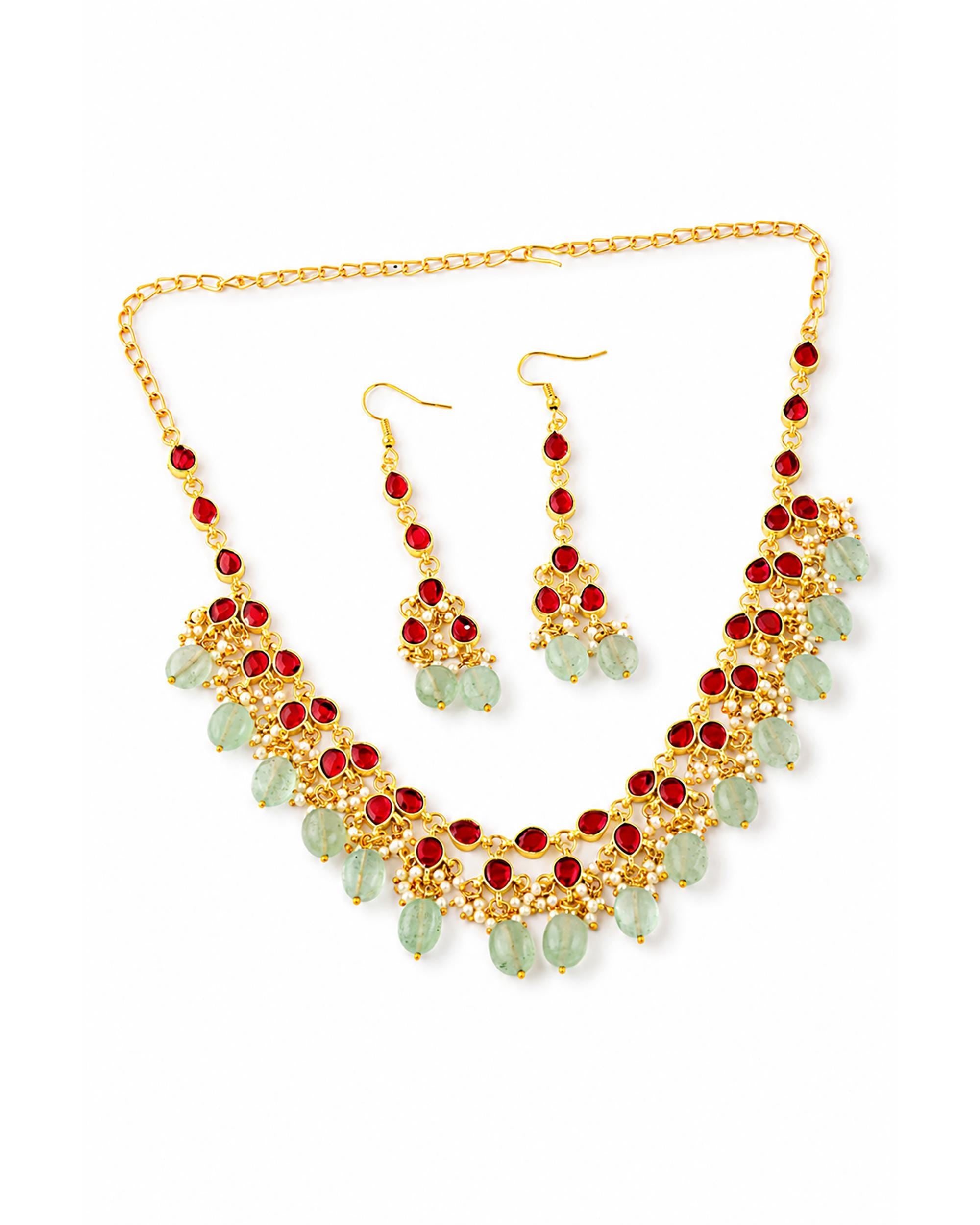 Elegant Ruby-Red Stone & Mint Green Drop Bead Jewelry Set with Matching Earrings
