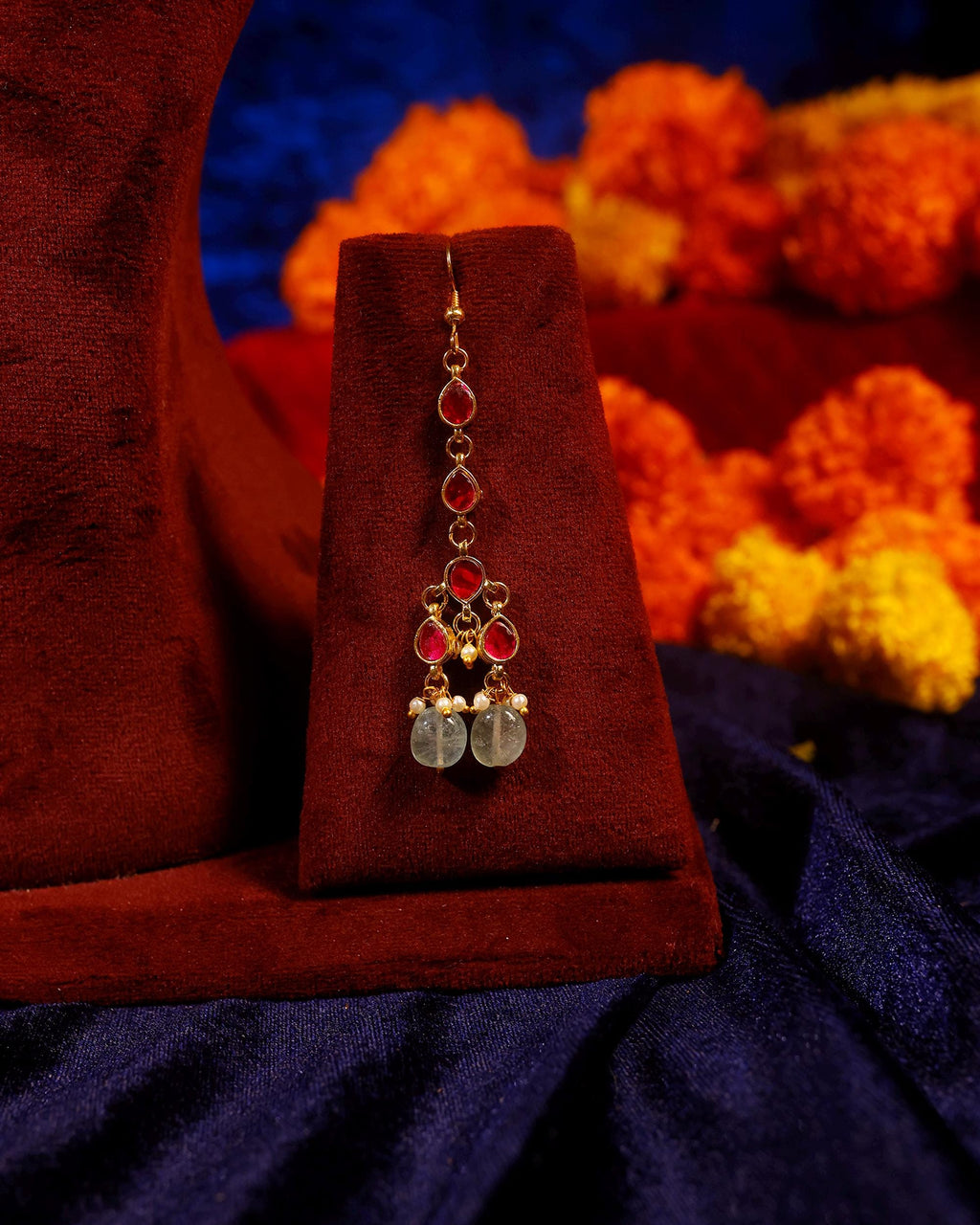 Elegant Ruby-Red Stone & Mint Green Drop Bead Jewelry Set with Matching Earrings